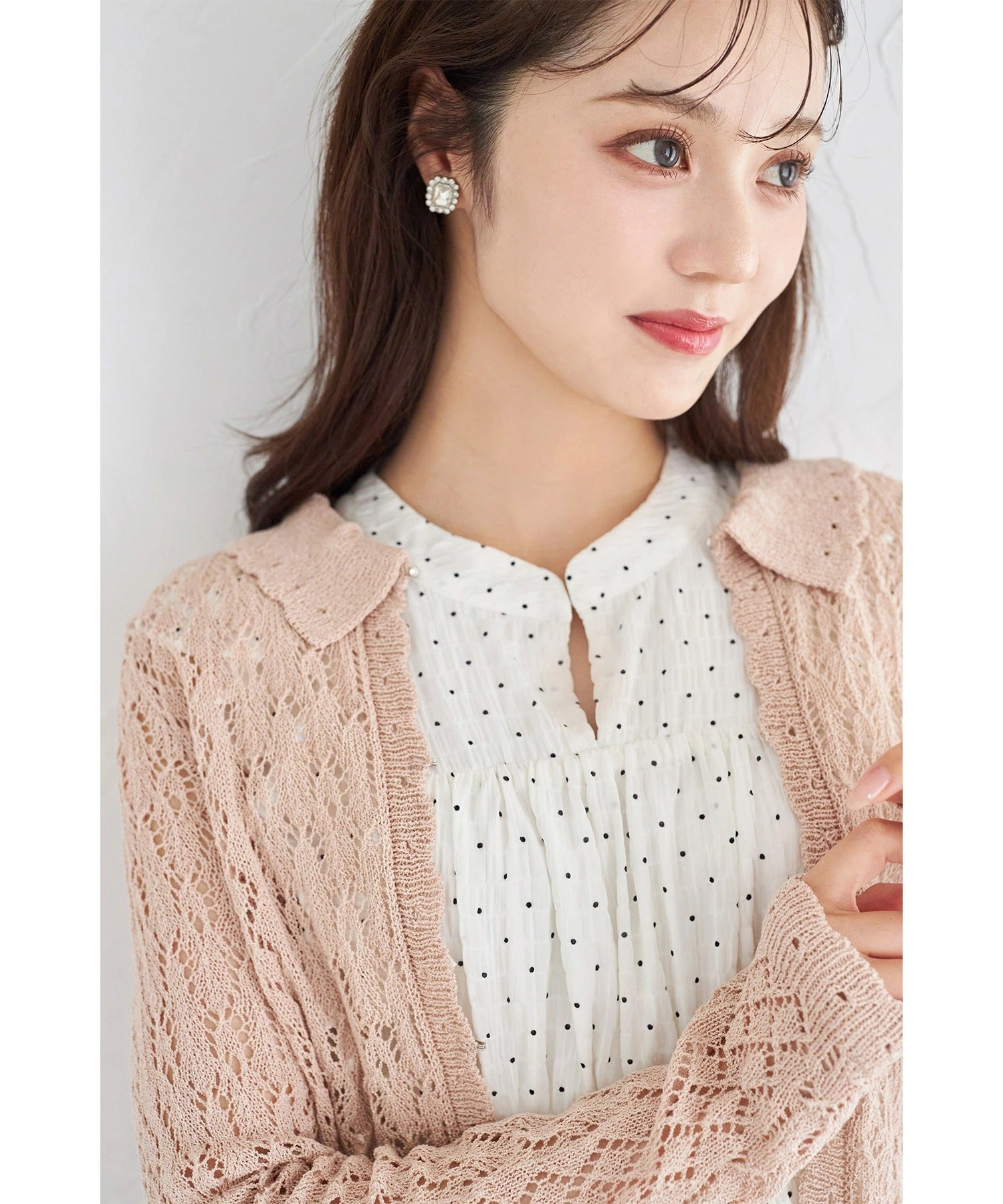 トッコクローゼット tocco closet 襟付きカギ編みスカラップニットカーディガン ピンク