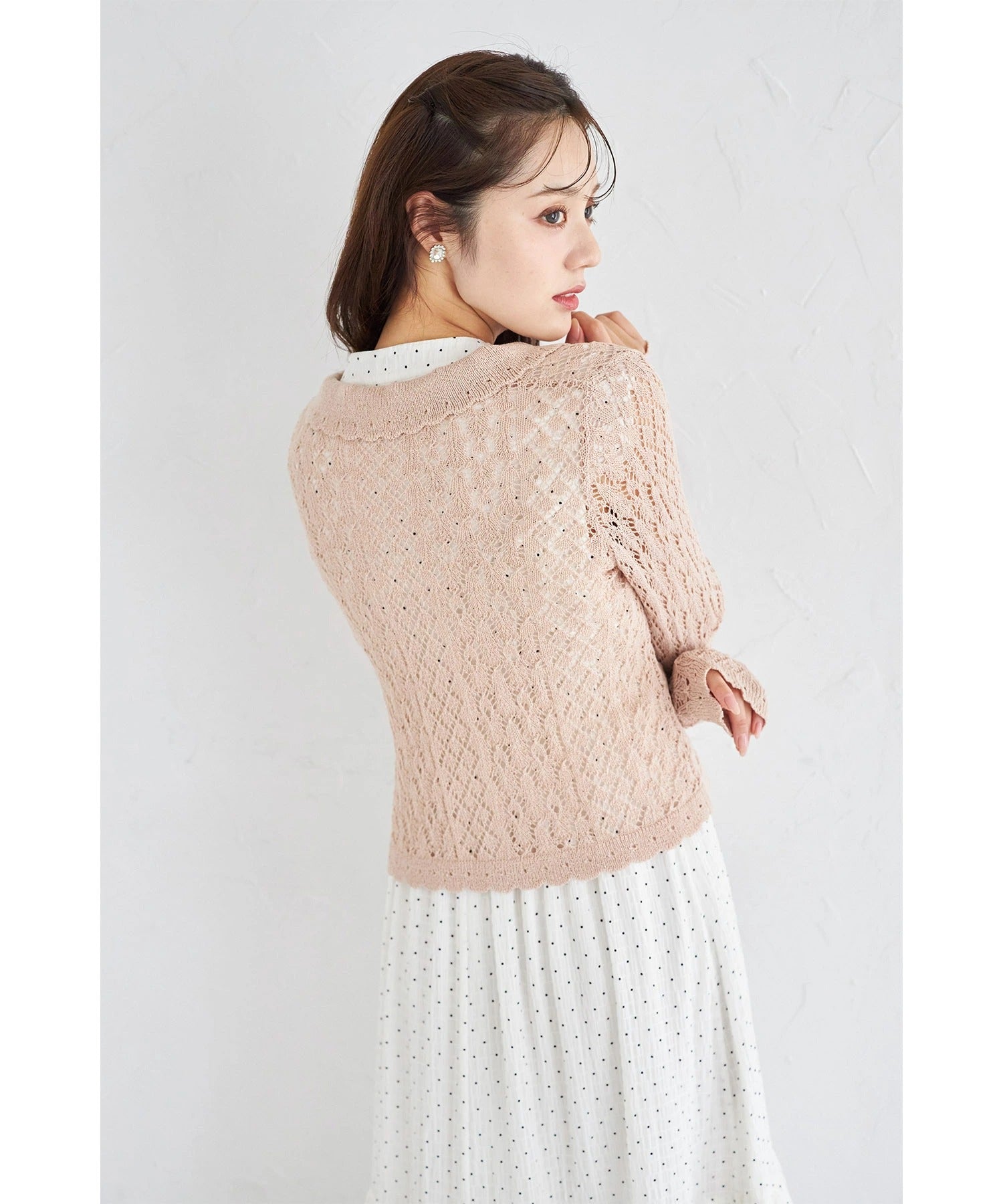 トッコクローゼット tocco closet 襟付きカギ編みスカラップニットカーディガン ピンク