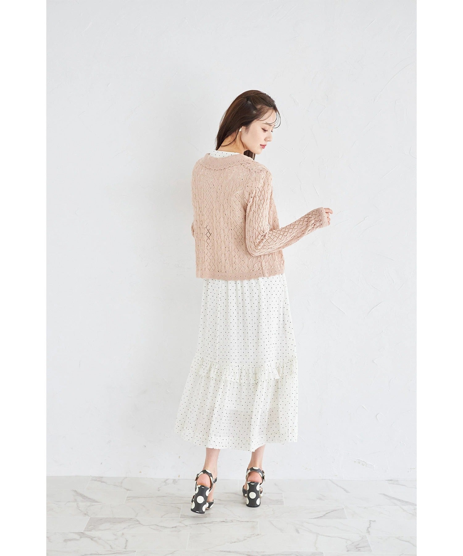トッコクローゼット tocco closet 襟付きカギ編みスカラップニットカーディガン ピンク
