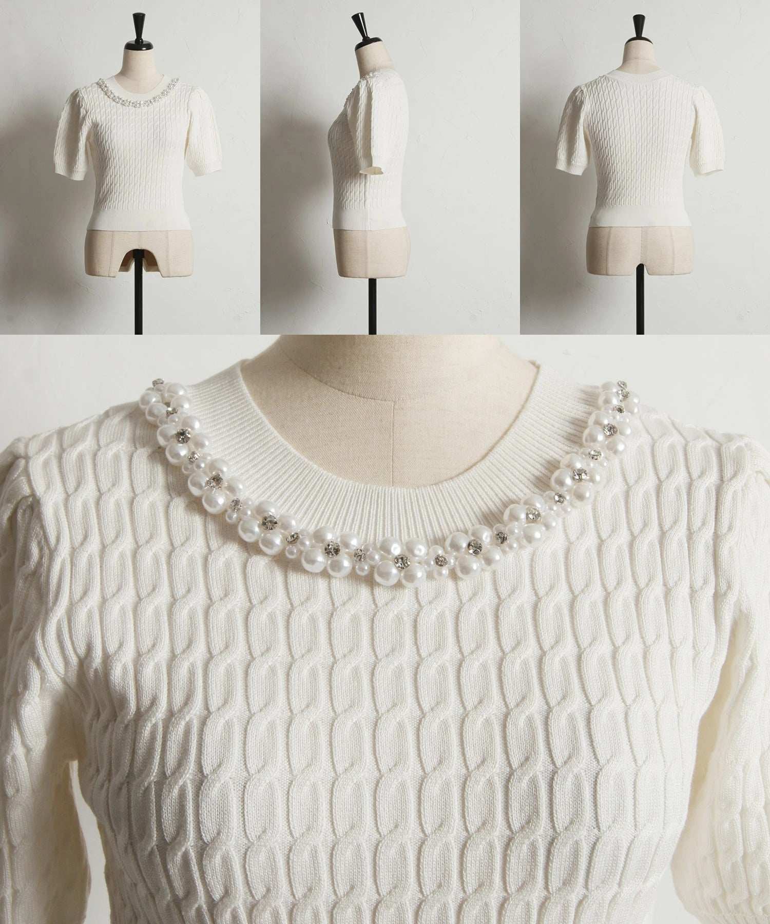 トッコクローゼット tocco closet フラワーパールビジュー付きケーブルニットプルオーバー ブラック