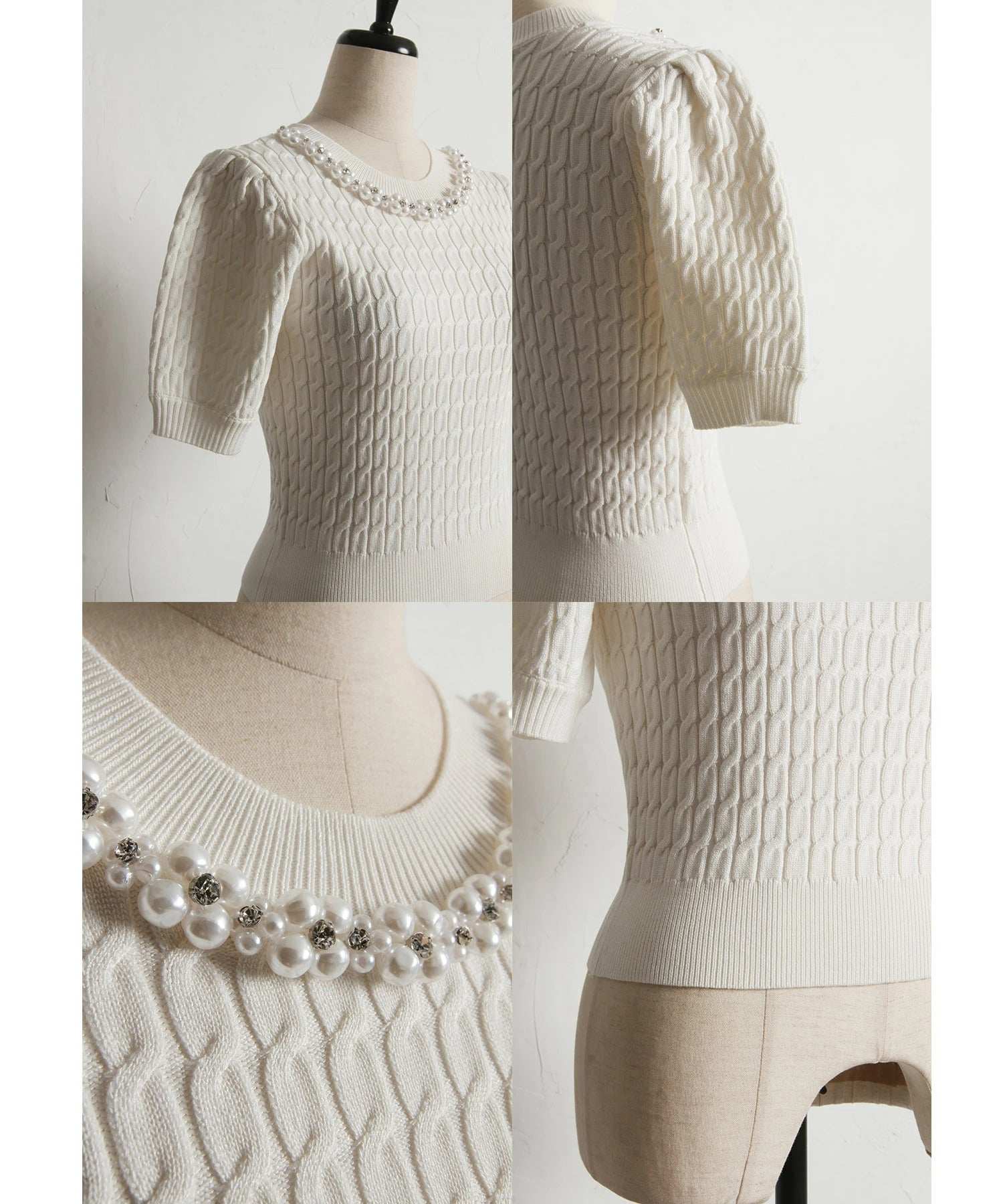 トッコクローゼット tocco closet フラワーパールビジュー付きケーブルニットプルオーバー ブラック