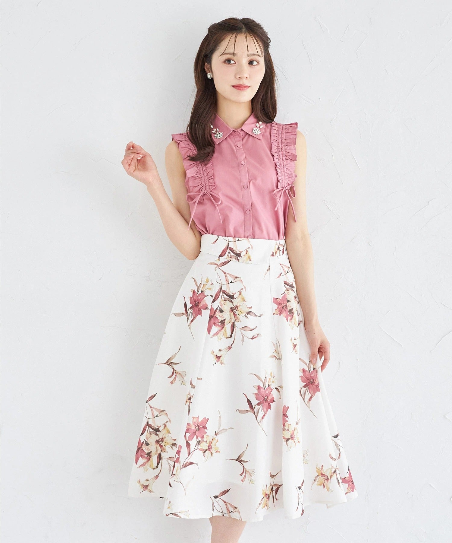 トッコクローゼット tocco closet ウエストアシメ切り替えフラワープリントフレアスカート ピンク