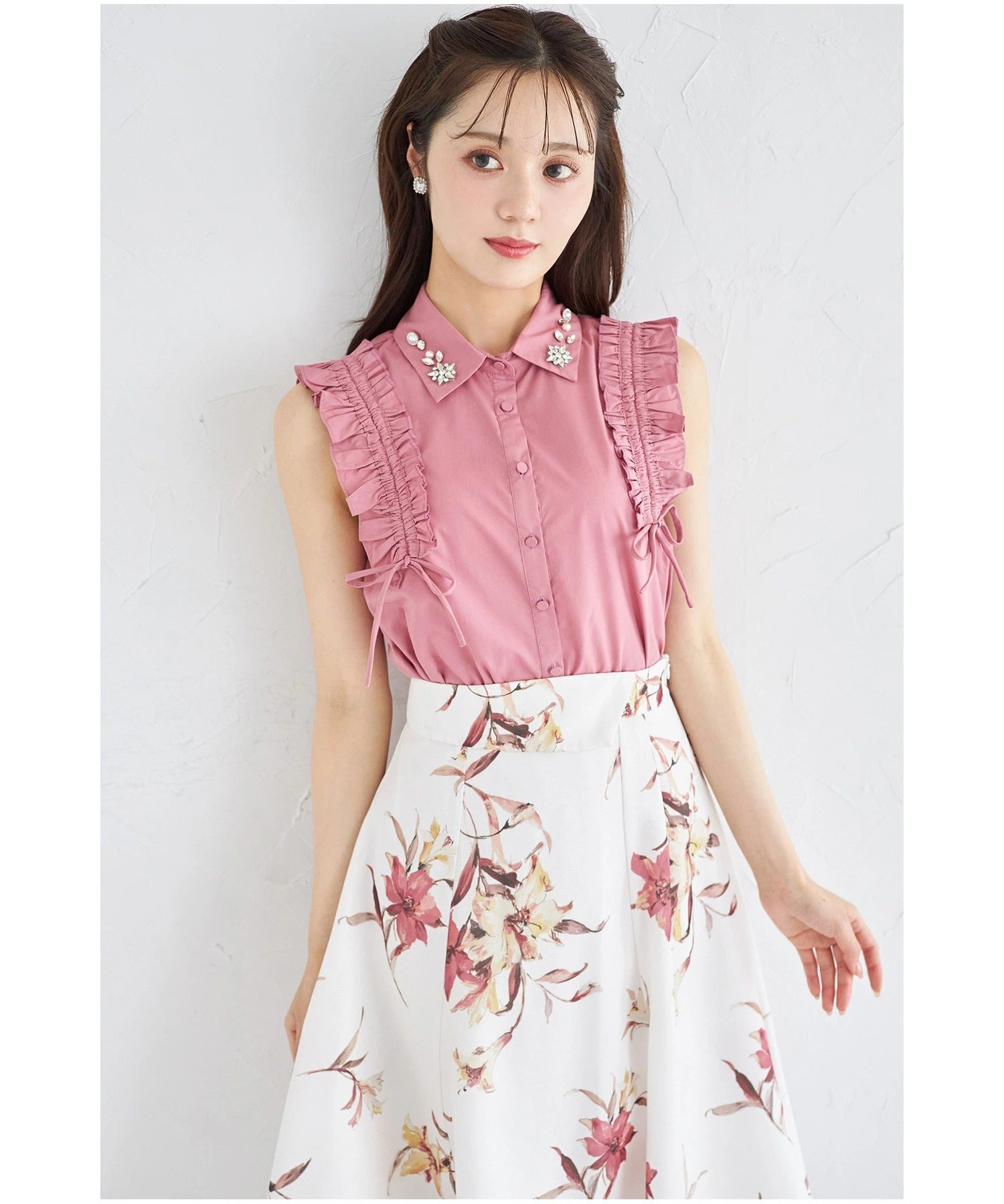 トッコクローゼット tocco closet ウエストアシメ切り替えフラワープリントフレアスカート ピンク