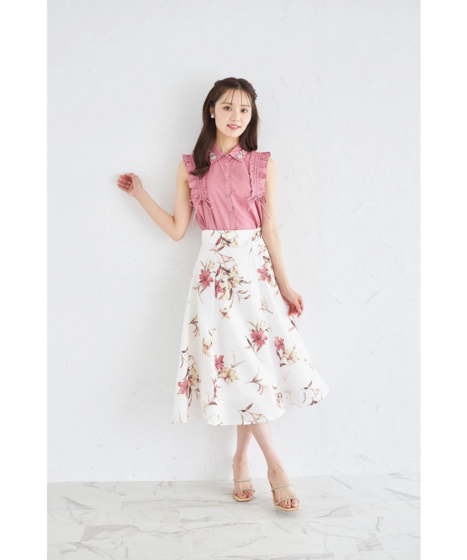 トッコクローゼット tocco closet ウエストアシメ切り替えフラワープリントフレアスカート ピンク