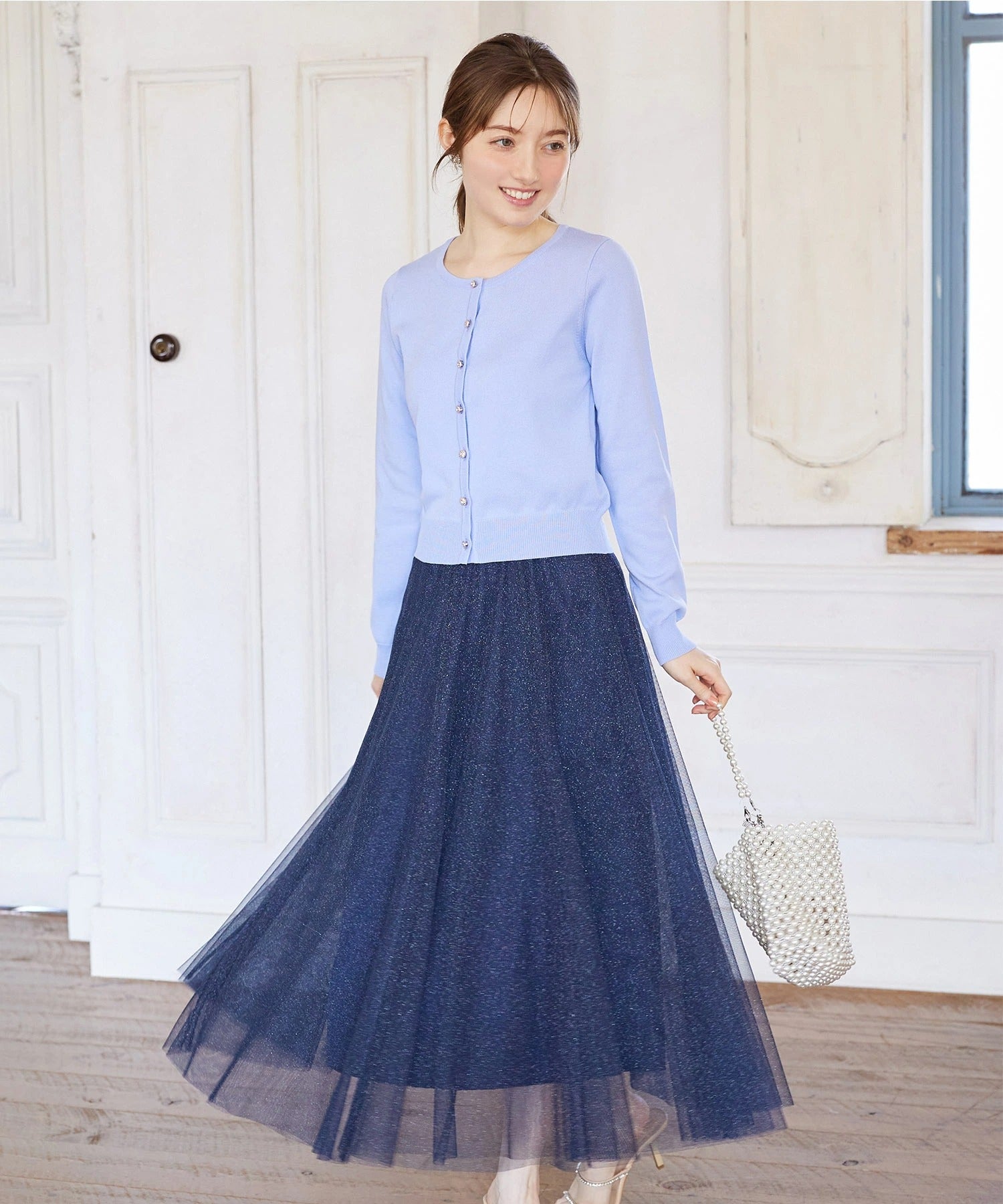トッコクローゼット tocco closet ラメチュールフレアスカート ネイビー