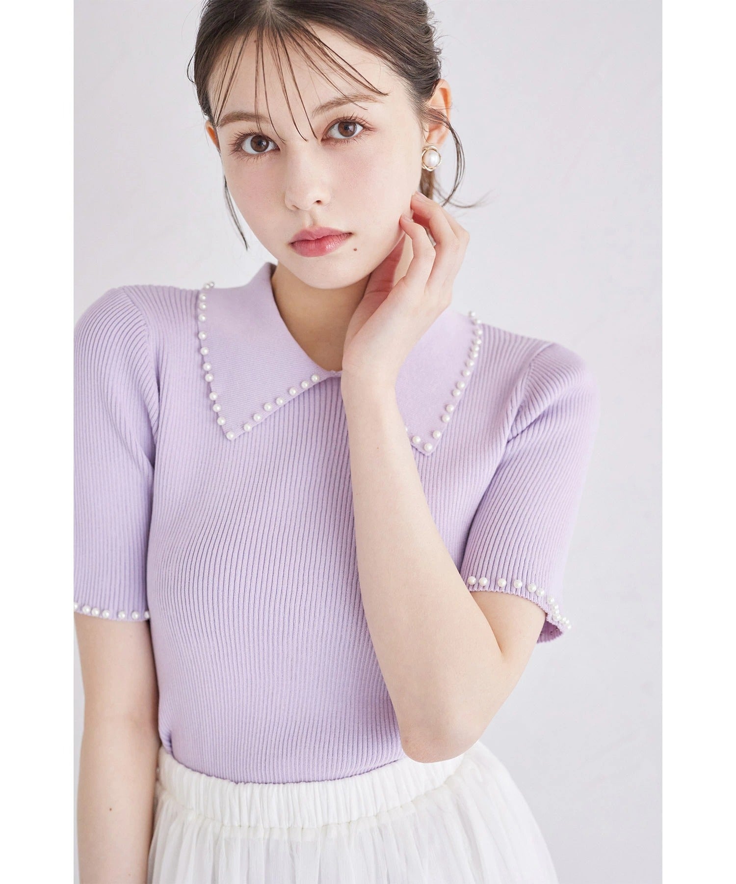 トッコクローゼット tocco closet 襟付きパール装飾リブニットプルオーバー パープル