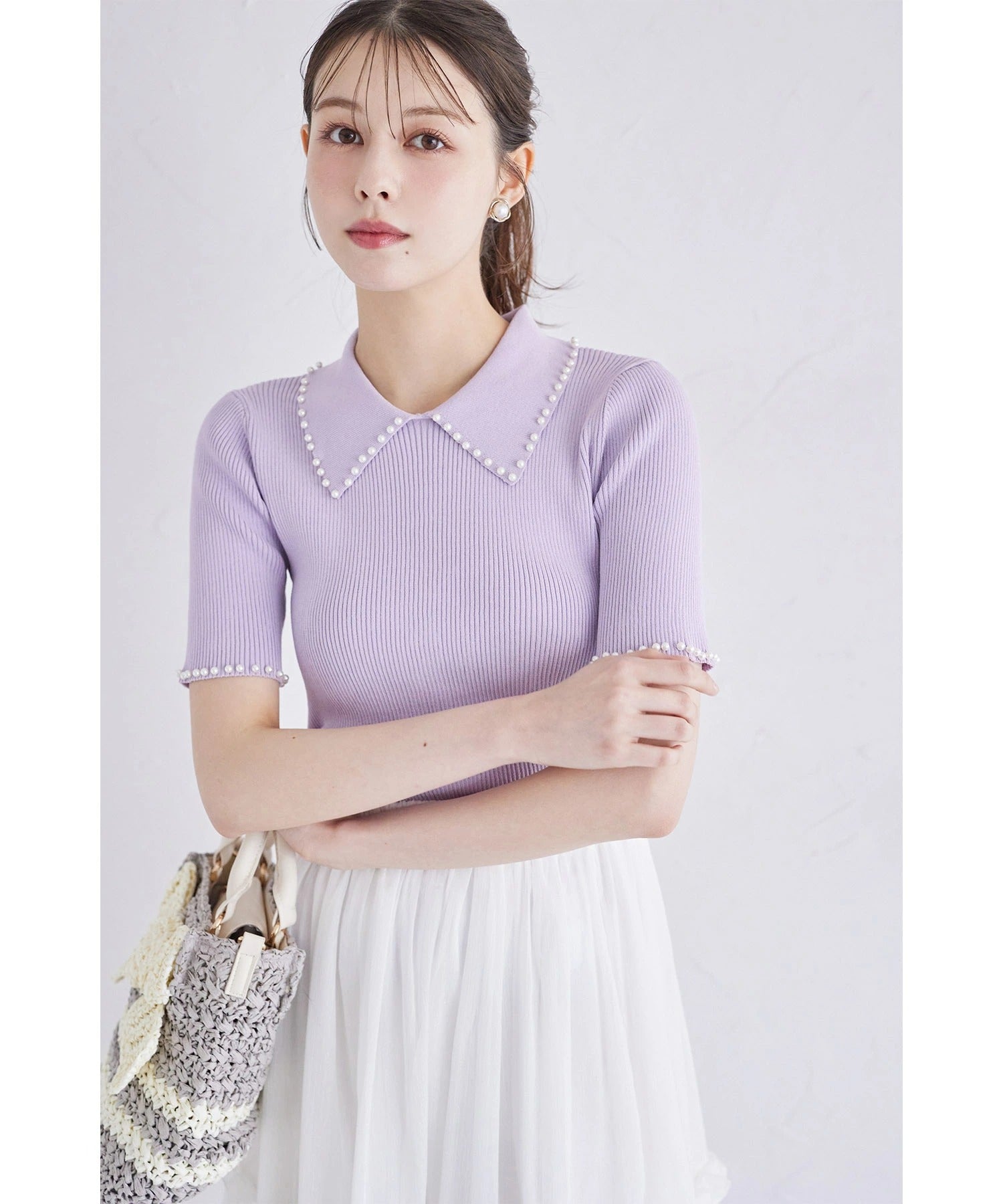 トッコクローゼット tocco closet 襟付きパール装飾リブニットプルオーバー パープル