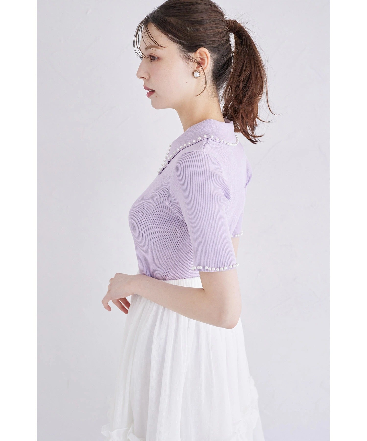 トッコクローゼット tocco closet 襟付きパール装飾リブニットプルオーバー パープル