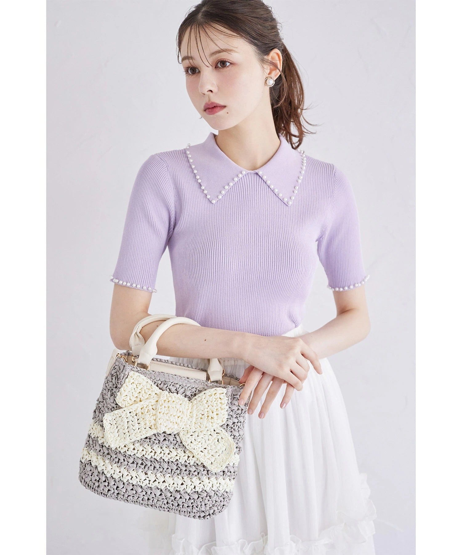 トッコクローゼット tocco closet 襟付きパール装飾リブニットプルオーバー パープル