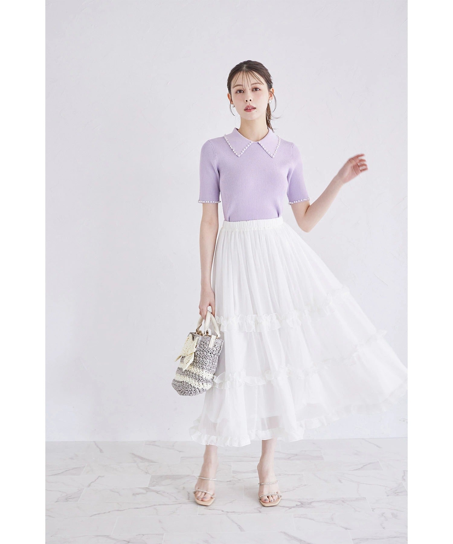 トッコクローゼット tocco closet 襟付きパール装飾リブニットプルオーバー パープル