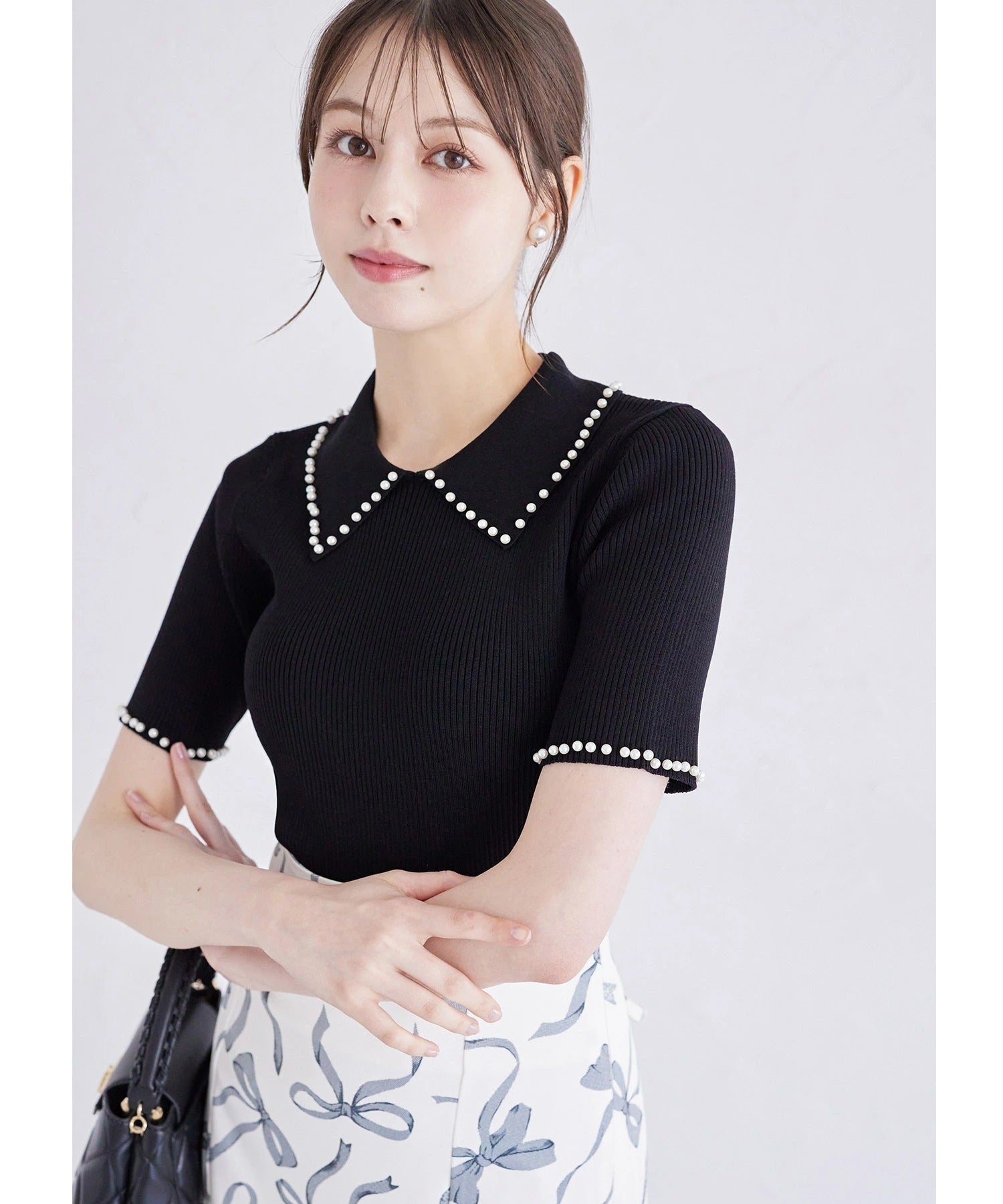 トッコクローゼット tocco closet 襟付きパール装飾リブニットプルオーバー ブラック