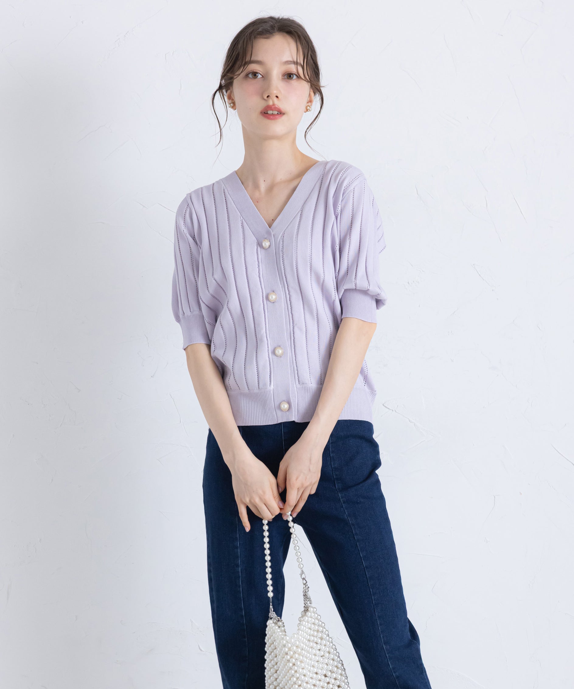 トッコクローゼット tocco closet UVカット＆接触冷感＆ハンドウォッシュ♪パール釦ストライプ透かし編みニットカーディガン パープル