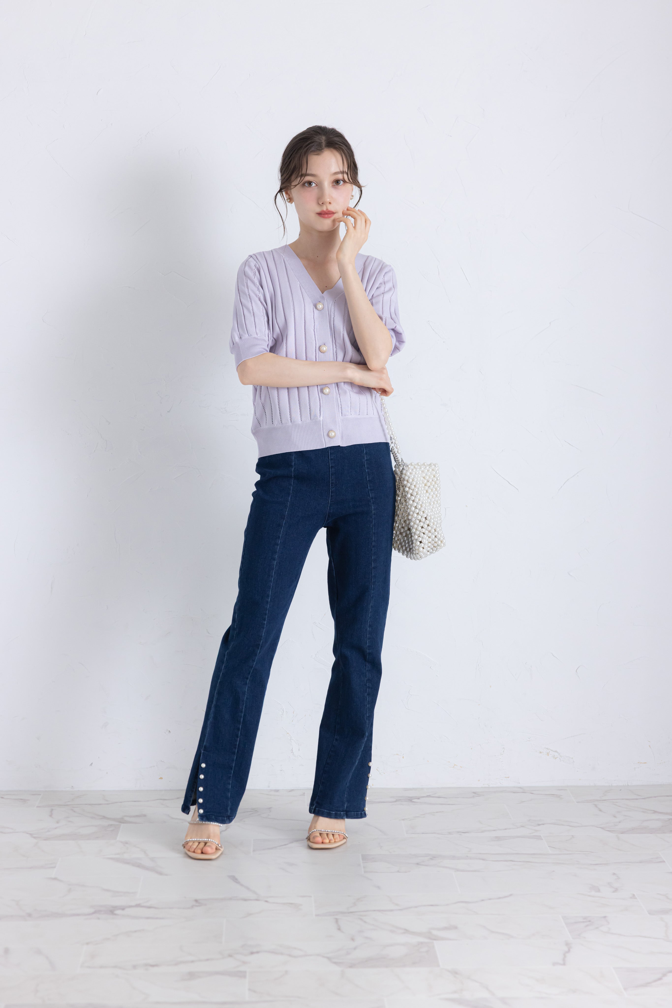 トッコクローゼット tocco closet UVカット＆接触冷感＆ハンドウォッシュ♪パール釦ストライプ透かし編みニットカーディガン パープル