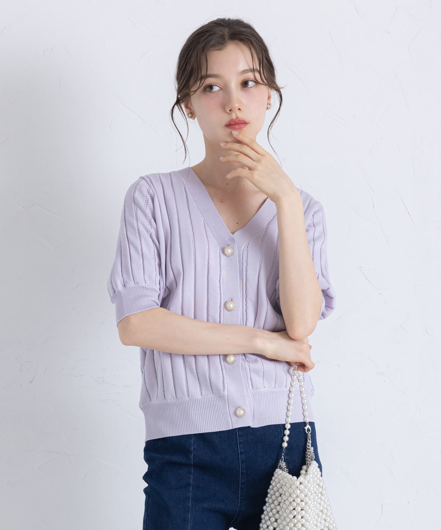 トッコクローゼット tocco closet UVカット＆接触冷感＆ハンドウォッシュ♪パール釦ストライプ透かし編みニットカーディガン パープル