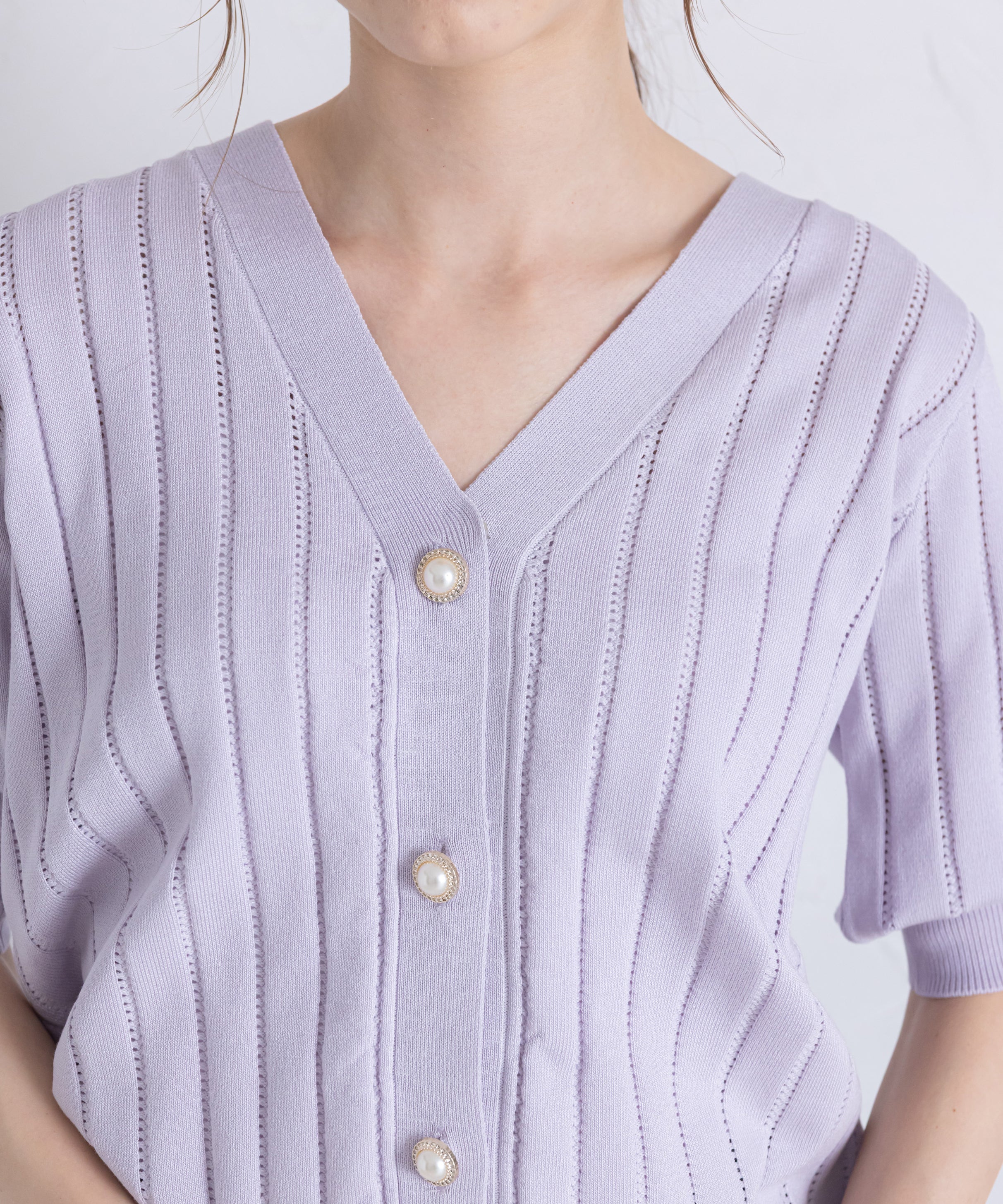 トッコクローゼット tocco closet UVカット＆接触冷感＆ハンドウォッシュ♪パール釦ストライプ透かし編みニットカーディガン パープル