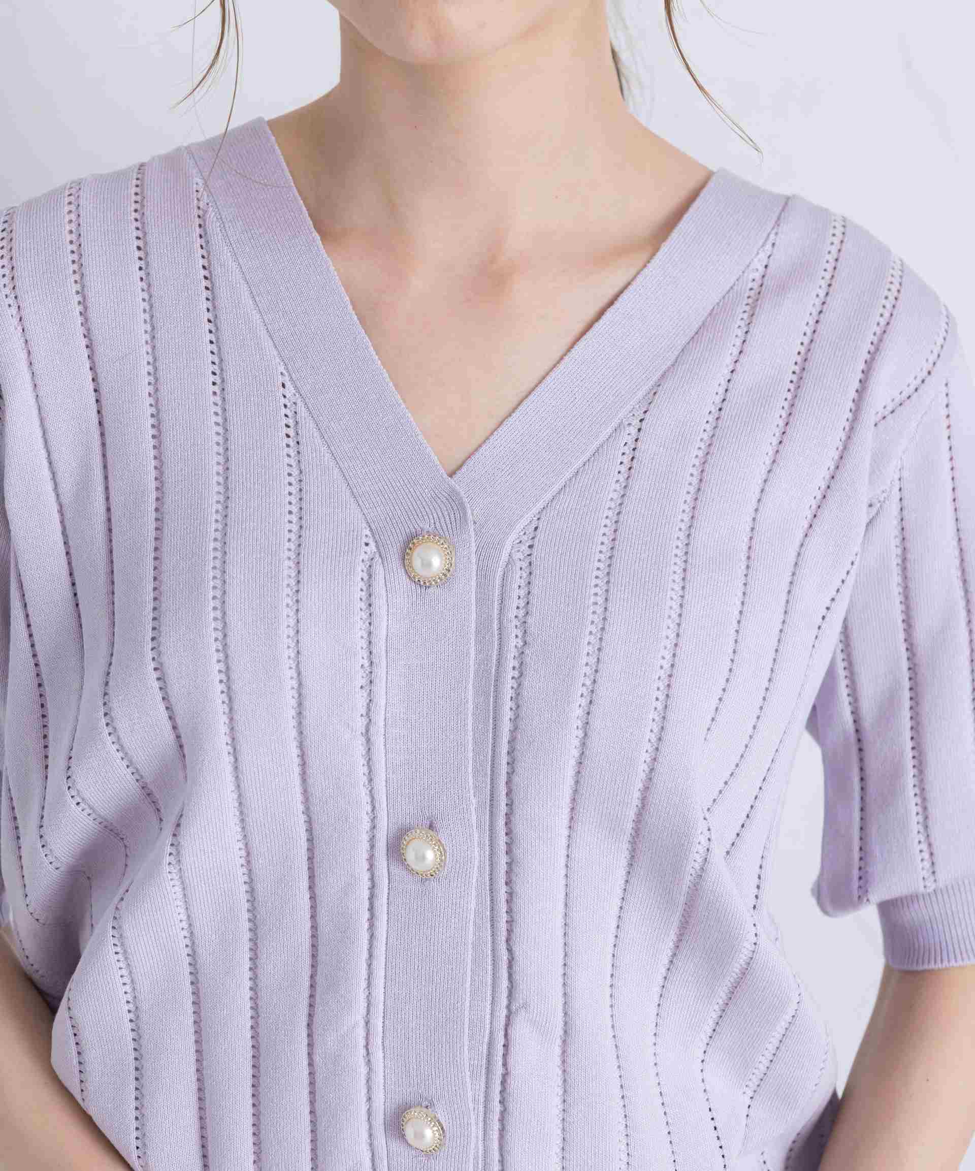 トッコクローゼット tocco closet UVカット＆接触冷感＆ハンドウォッシュ♪パール釦ストライプ透かし編みニットカーディガン パープル