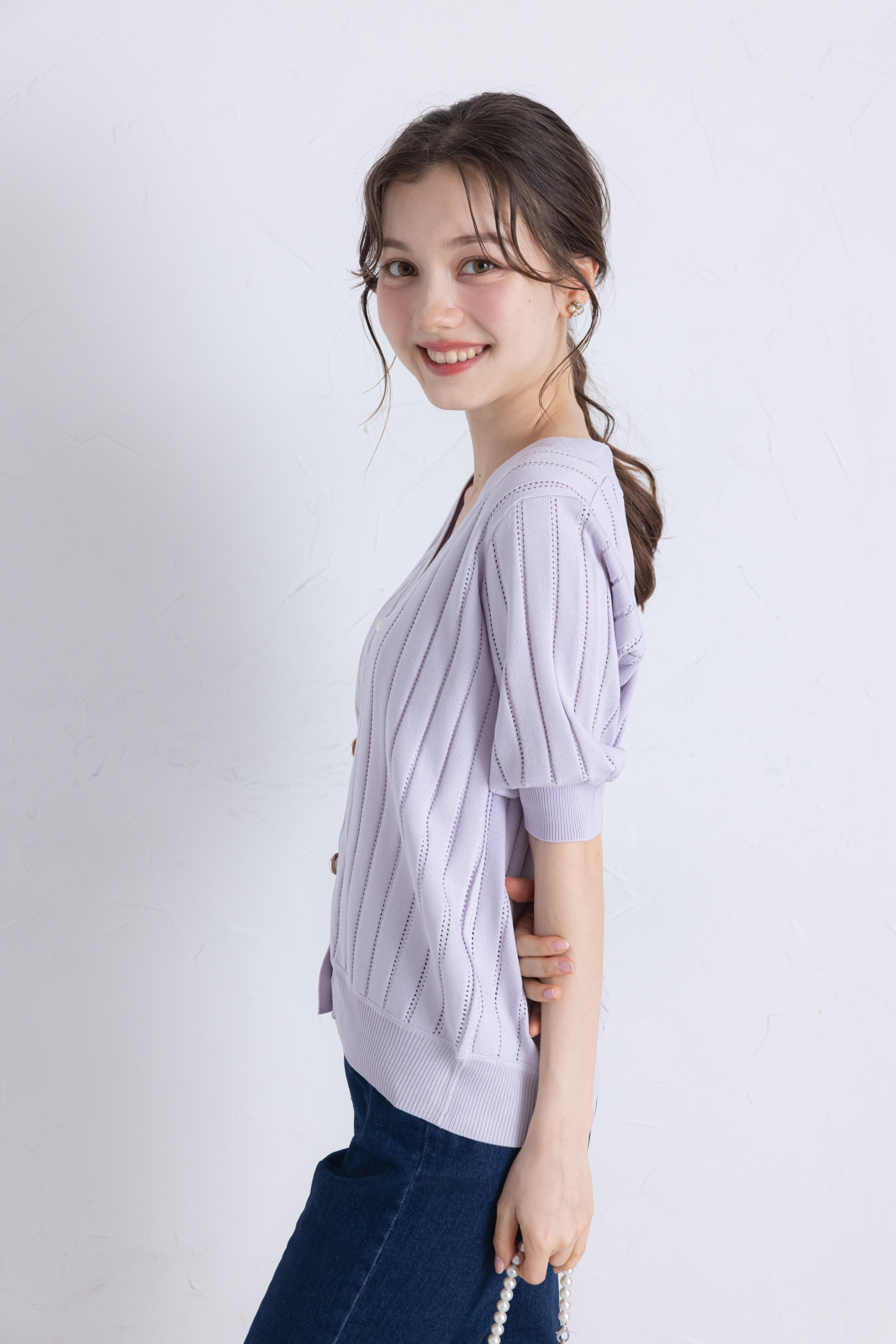 トッコクローゼット tocco closet UVカット＆接触冷感＆ハンドウォッシュ♪パール釦ストライプ透かし編みニットカーディガン パープル