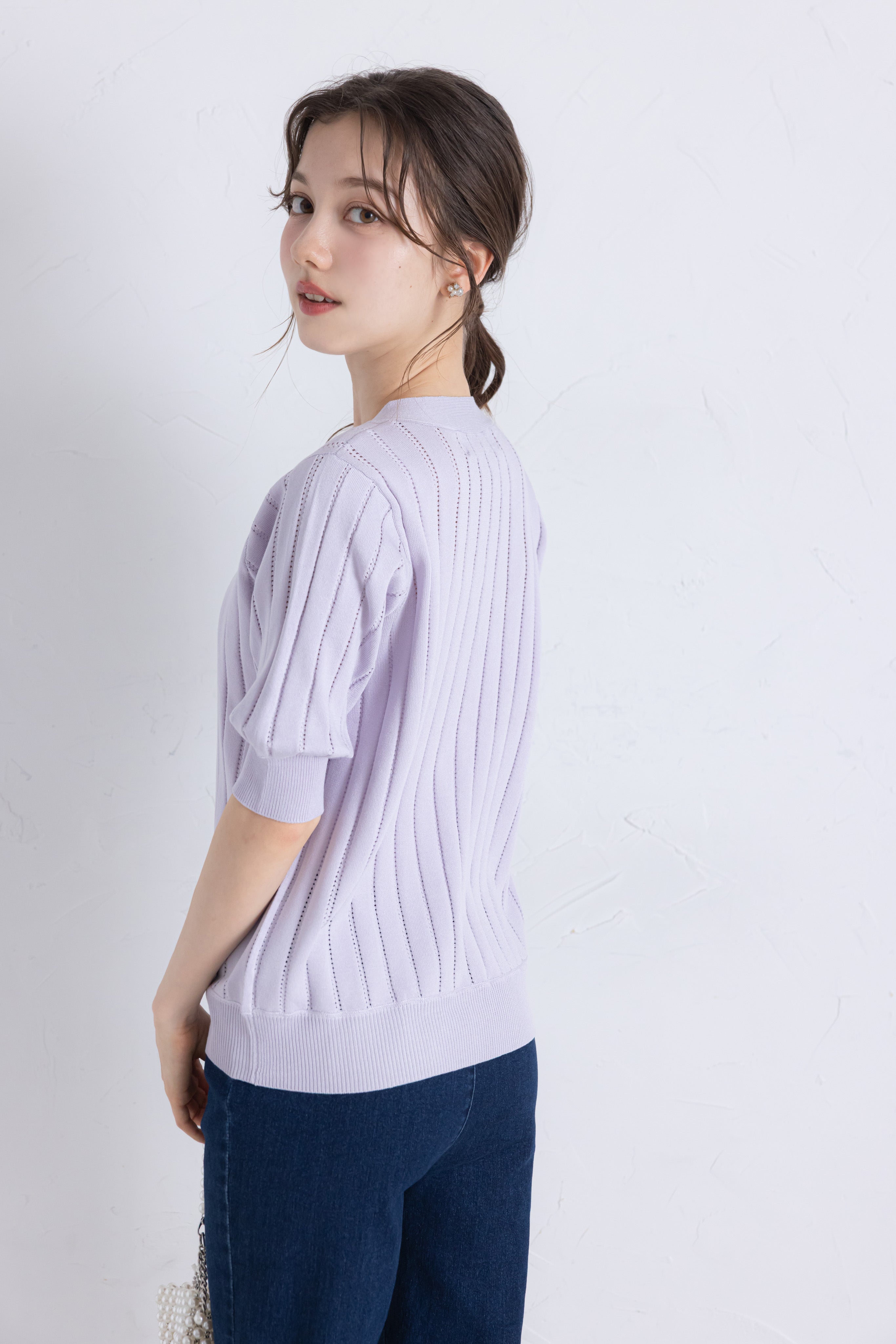 トッコクローゼット tocco closet UVカット＆接触冷感＆ハンドウォッシュ♪パール釦ストライプ透かし編みニットカーディガン パープル