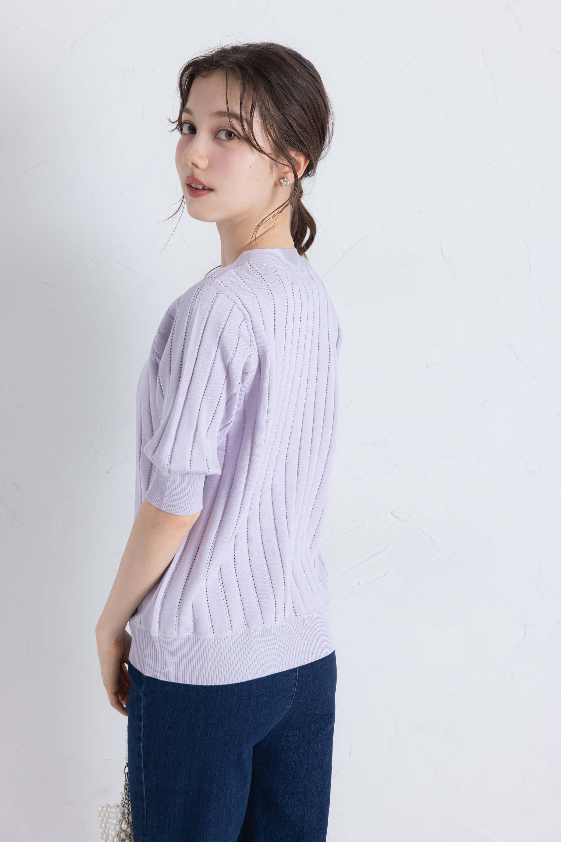 トッコクローゼット tocco closet UVカット＆接触冷感＆ハンドウォッシュ♪パール釦ストライプ透かし編みニットカーディガン パープル