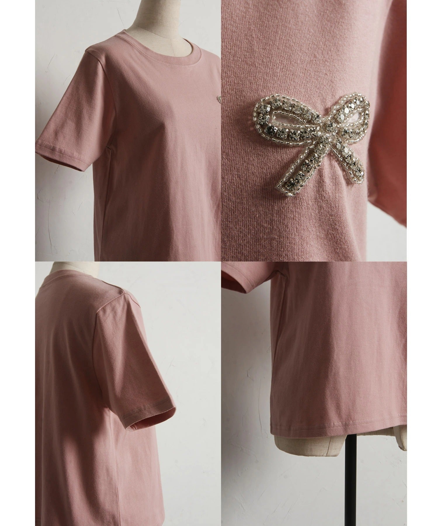 トッコクローゼット tocco closet リボンビジュー付きTシャツ ホワイト
