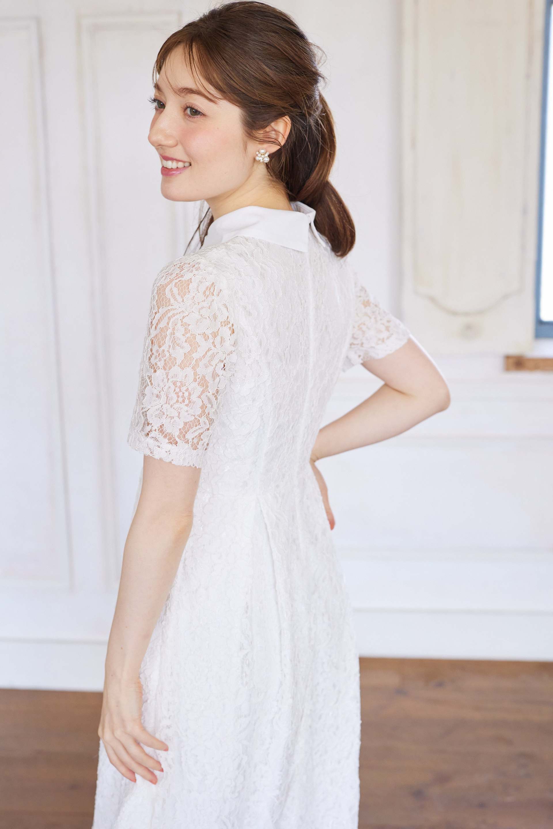 Tocco Closet Pearl Button Panel Line Collared Lace Dress