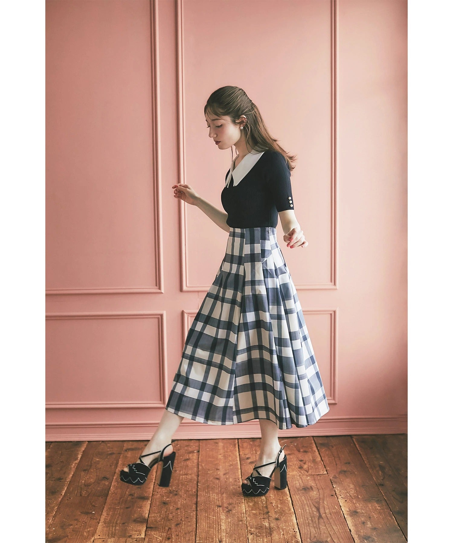 トッコクローゼット tocco closet ウエストダーツチェック柄フレアスカート ブラック