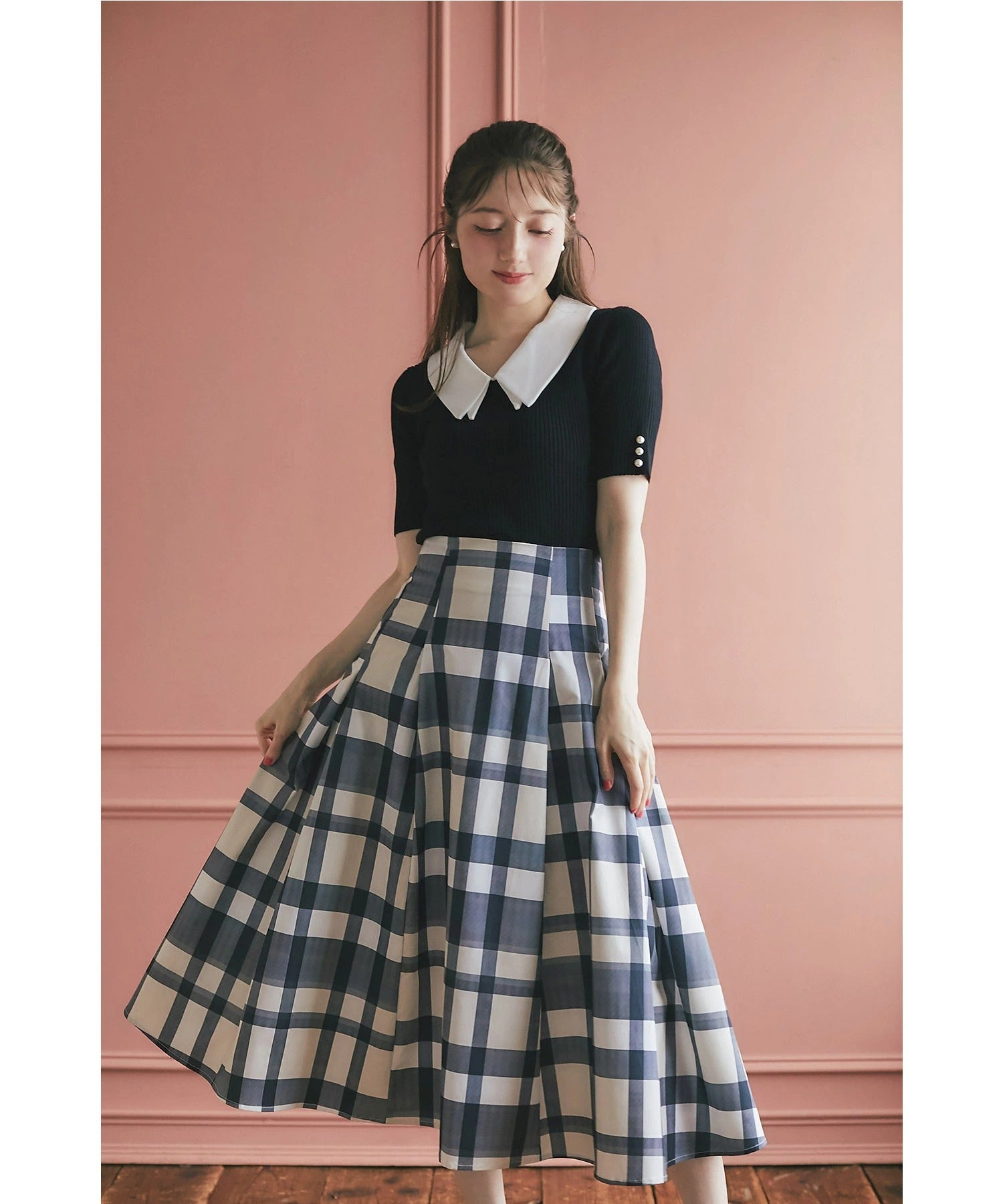 トッコクローゼット tocco closet ウエストダーツチェック柄フレアスカート ブラック