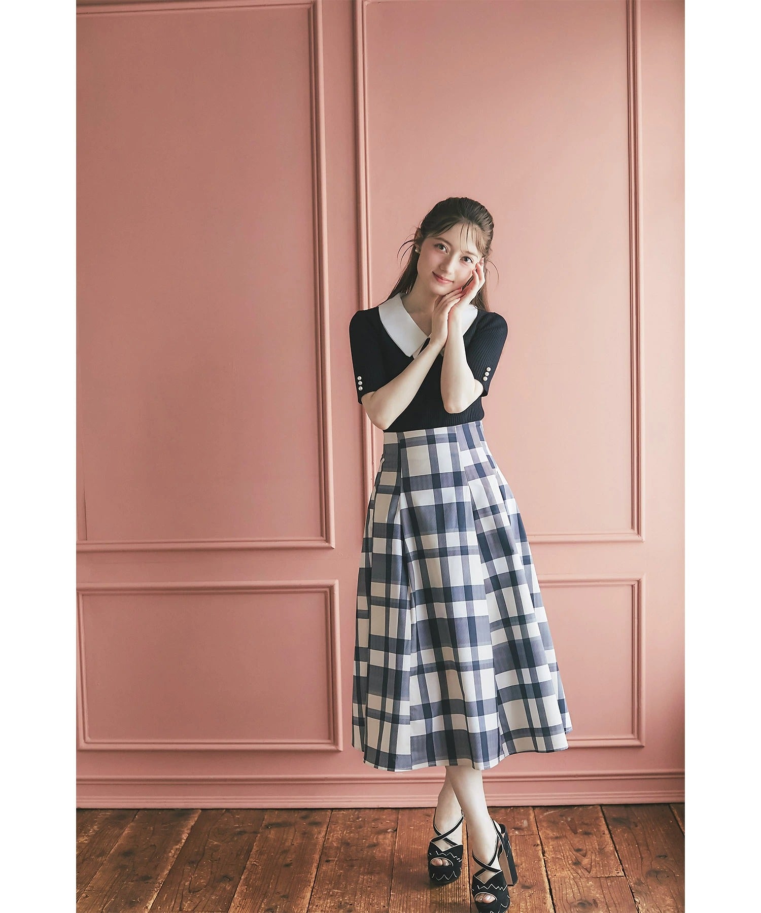 トッコクローゼット tocco closet ウエストダーツチェック柄フレアスカート ブラック