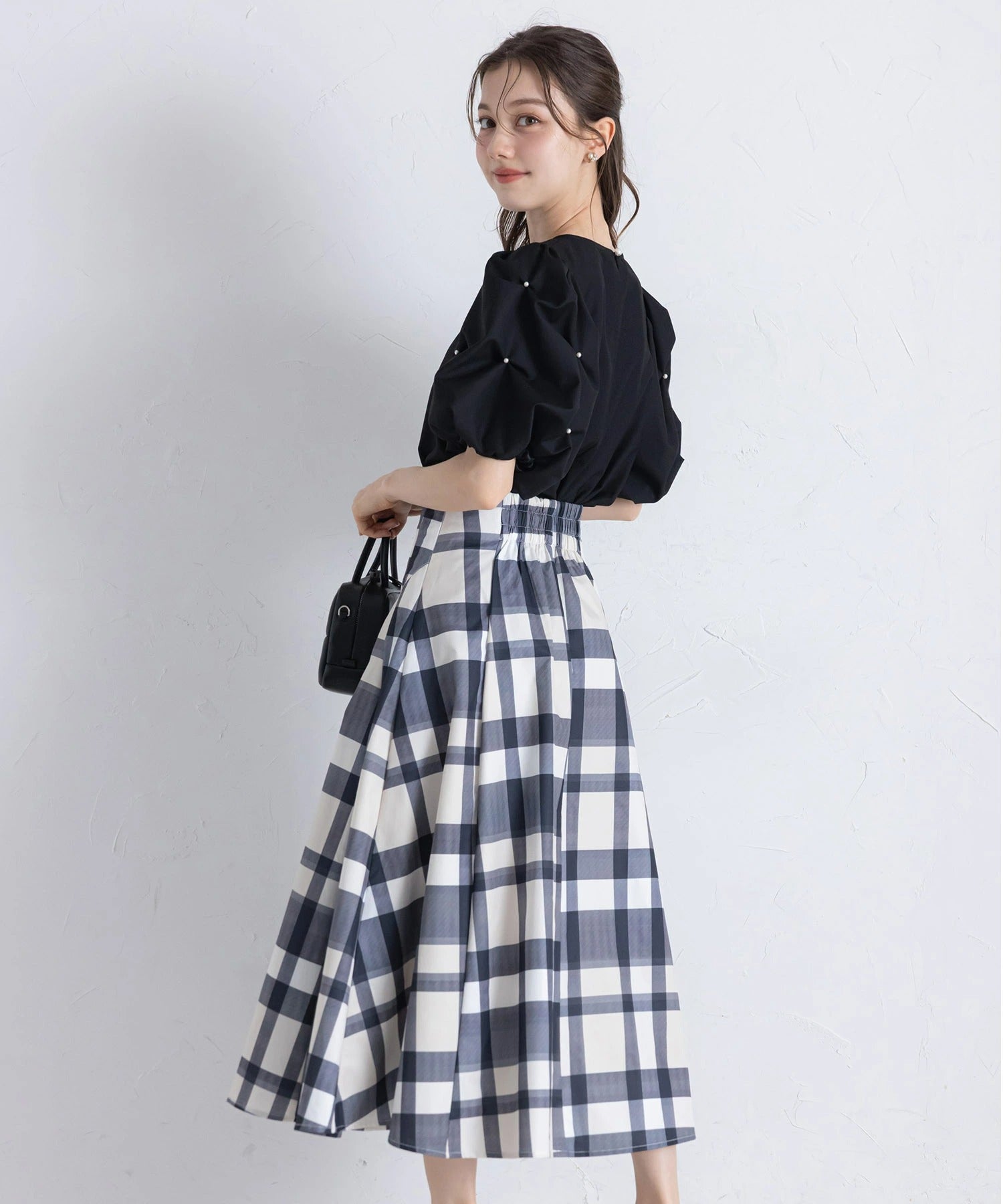 トッコクローゼット tocco closet ウエストダーツチェック柄フレアスカート ブラック