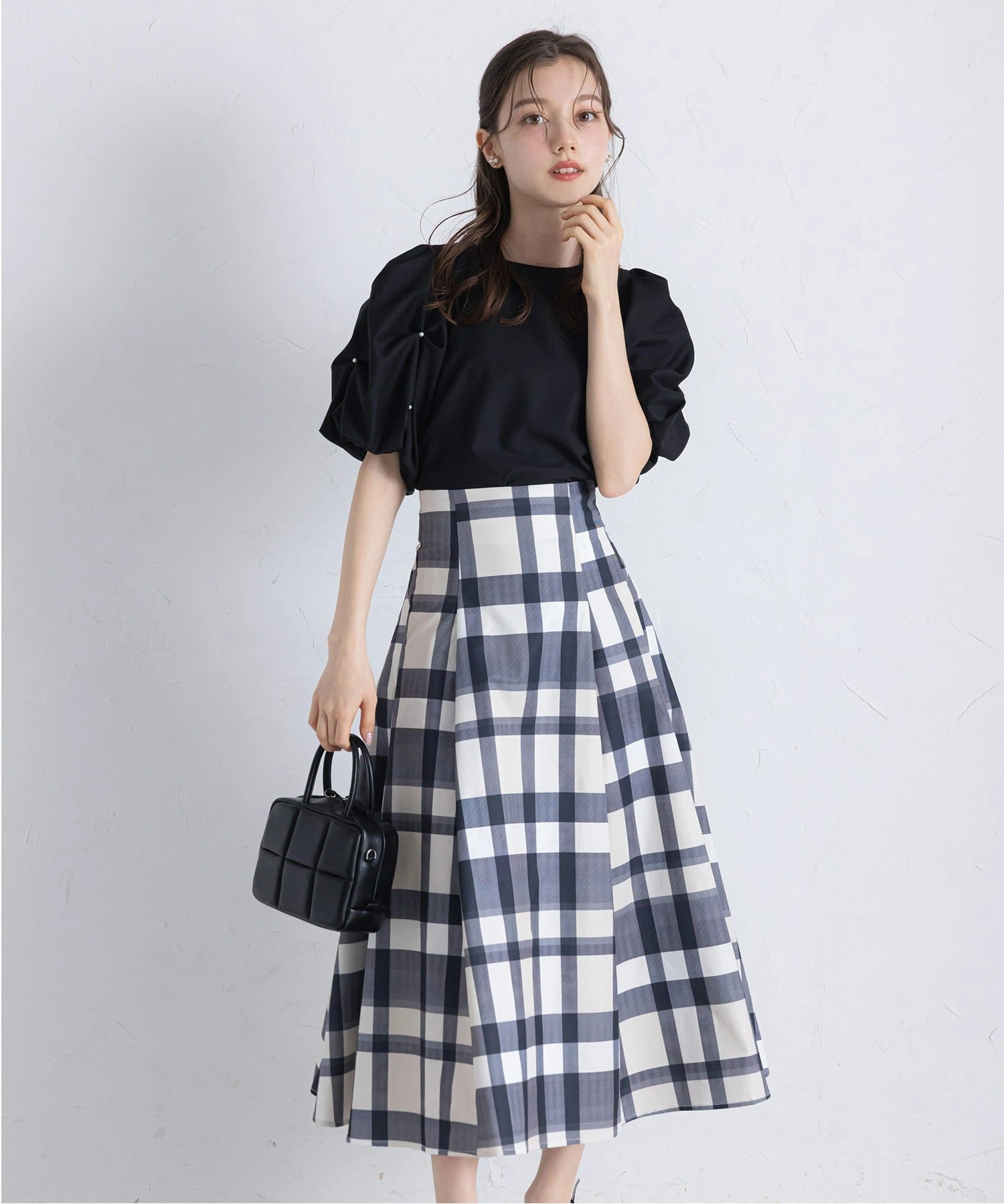 トッコクローゼット tocco closet ウエストダーツチェック柄フレアスカート ブラック
