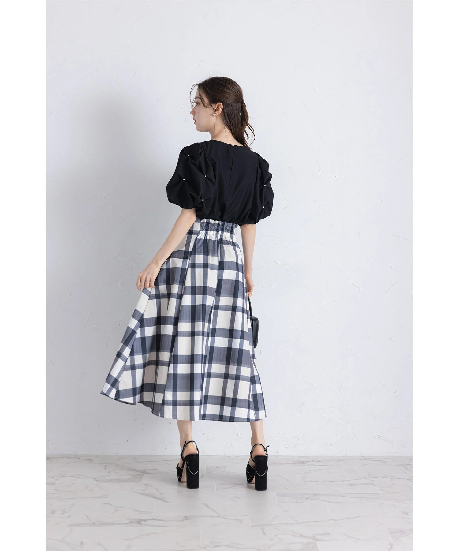 トッコクローゼット tocco closet ウエストダーツチェック柄フレアスカート ブラック