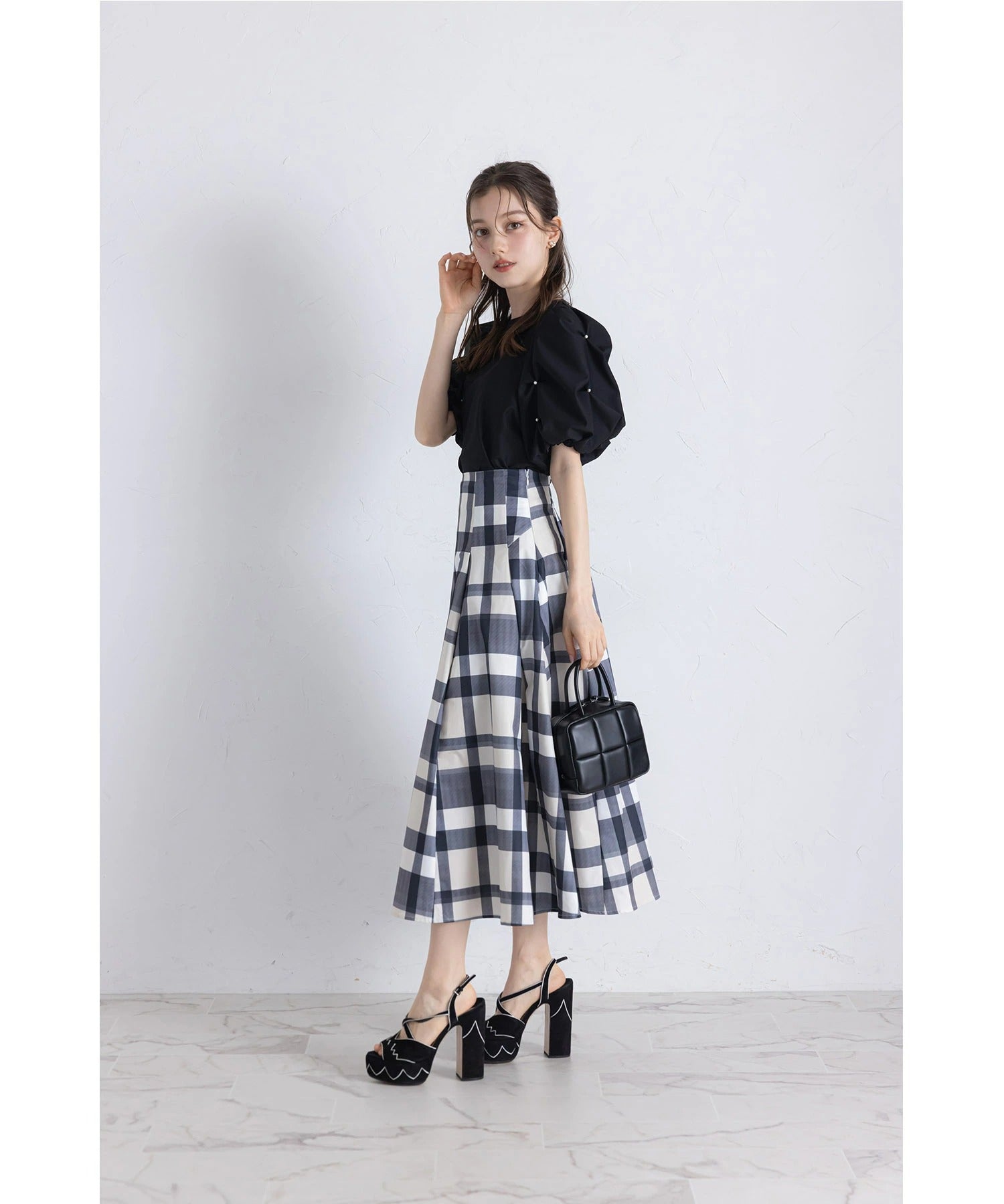 トッコクローゼット tocco closet ウエストダーツチェック柄フレアスカート ブラック