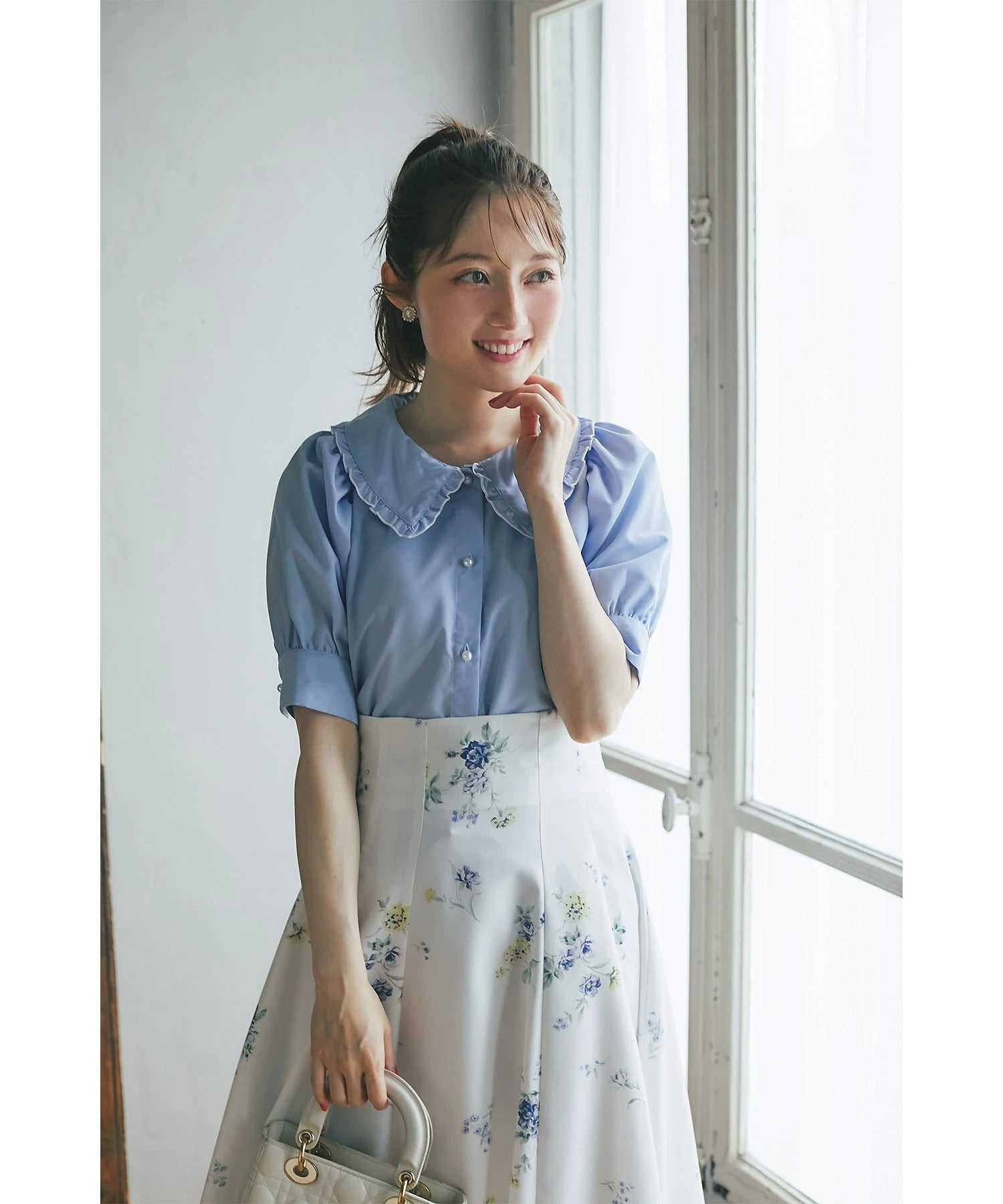 トッコクローゼット tocco closet 配色メロウフリルブラウス ブルー