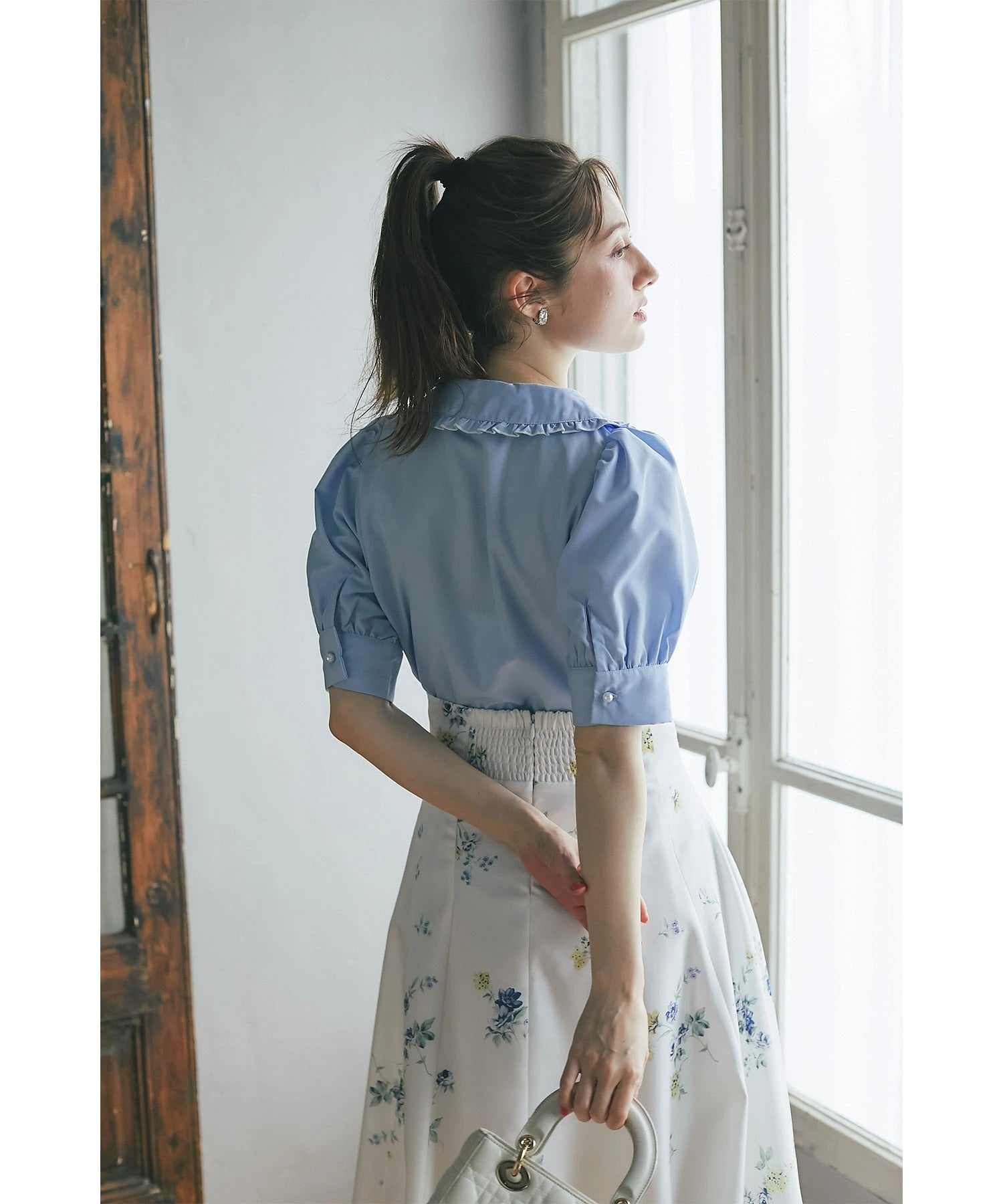 トッコクローゼット tocco closet 配色メロウフリルブラウス ブルー