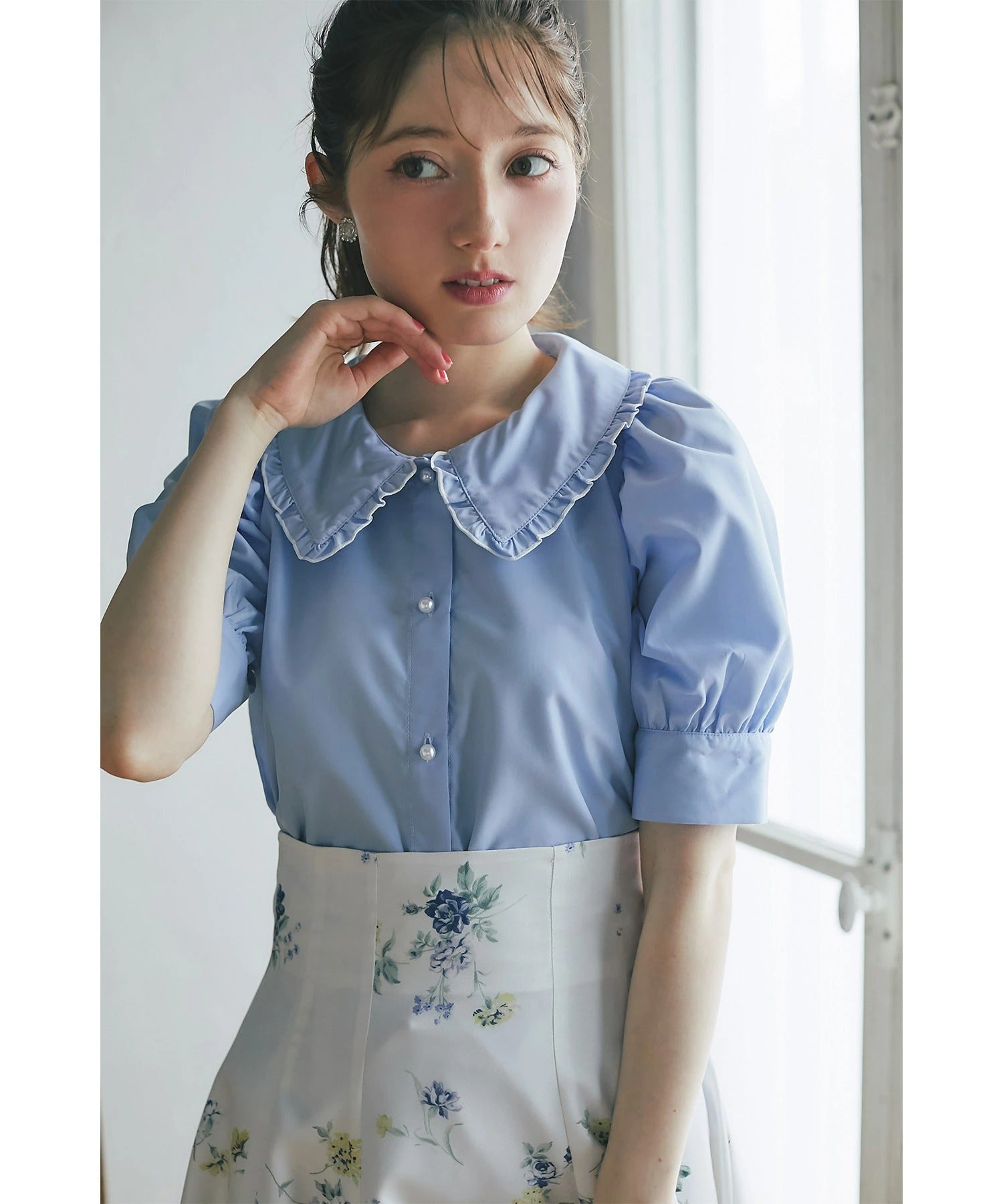 トッコクローゼット tocco closet 配色メロウフリルブラウス ブルー