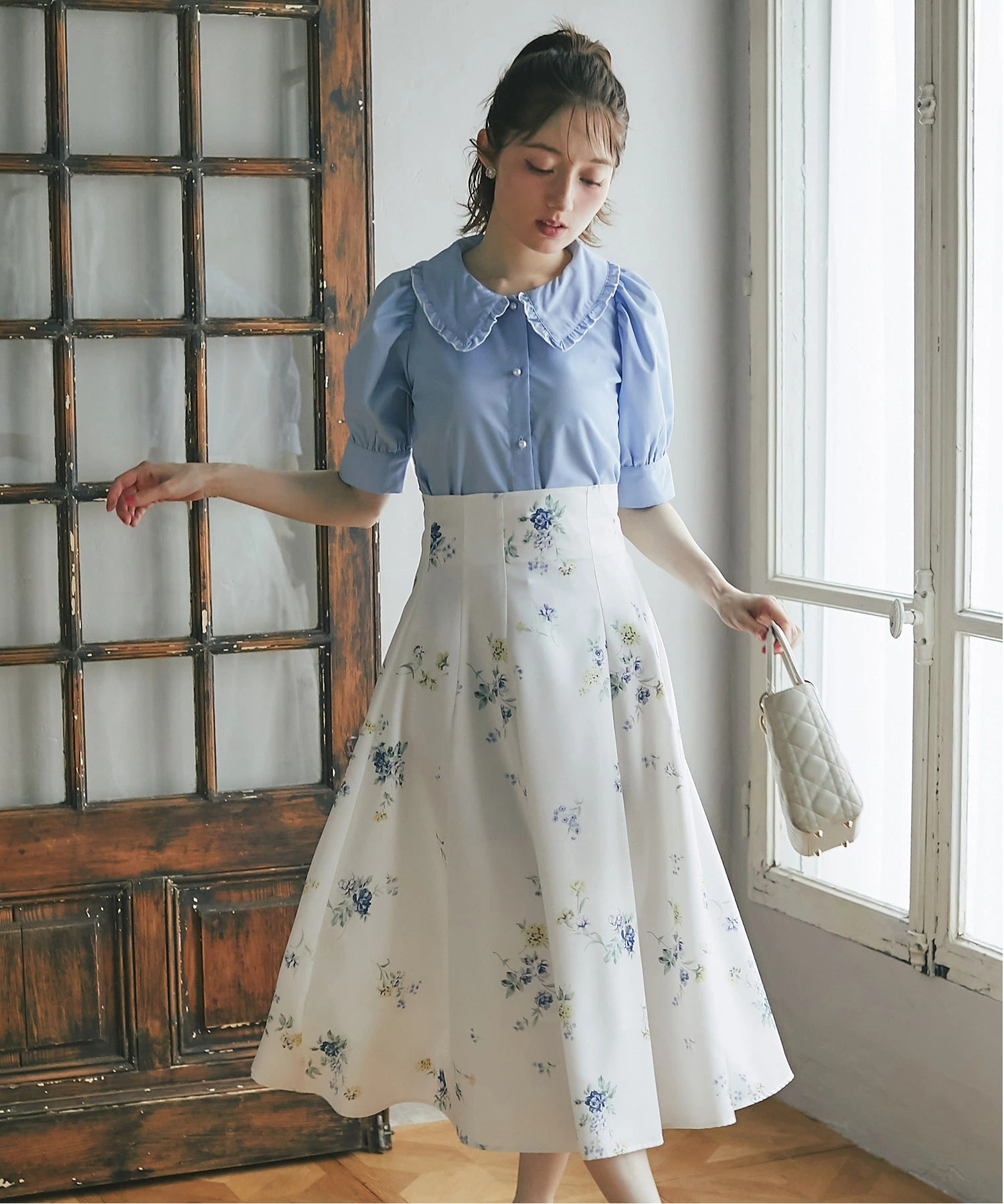 トッコクローゼット tocco closet 配色メロウフリルブラウス ブルー