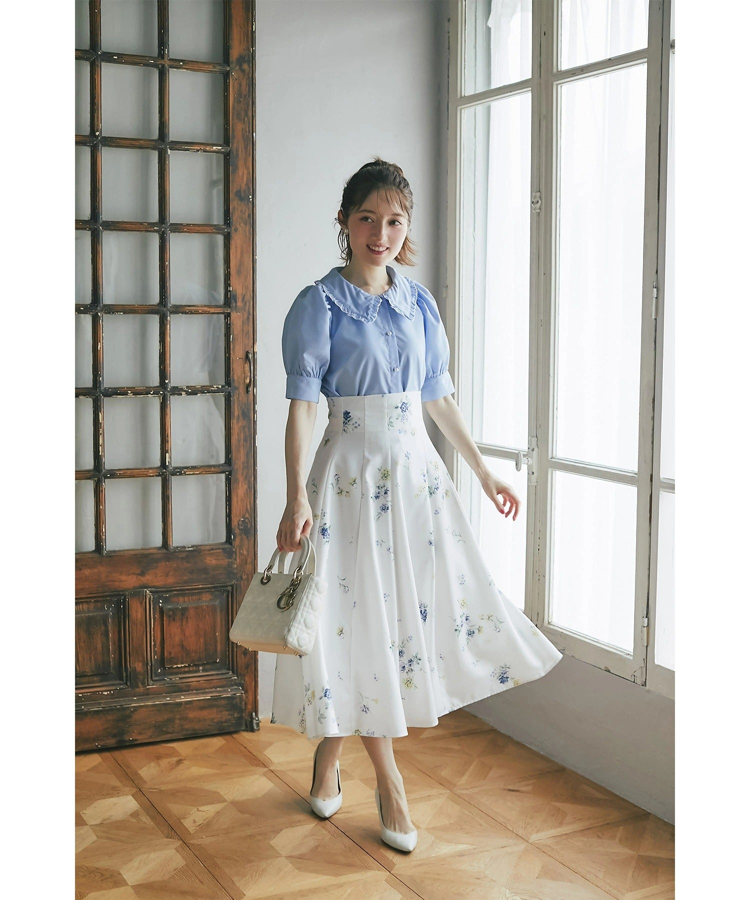 トッコクローゼット tocco closet 配色メロウフリルブラウス ブルー