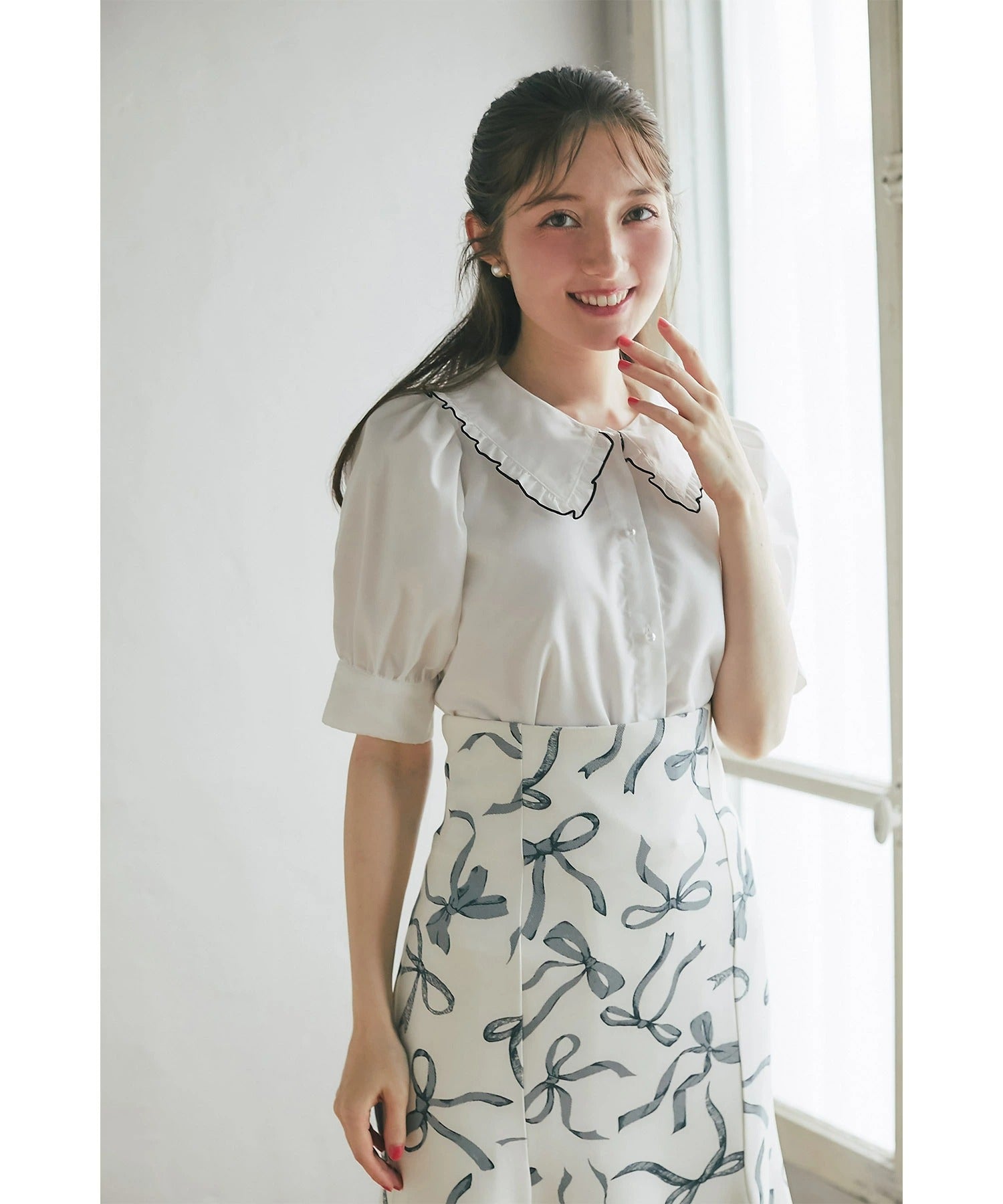 トッコクローゼット tocco closet 配色メロウフリルブラウス ホワイト