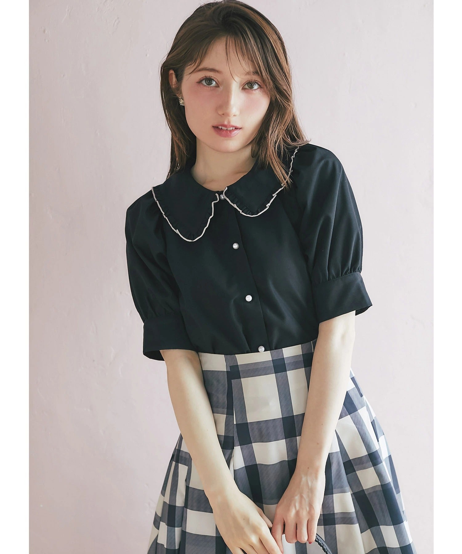 トッコクローゼット tocco closet 配色メロウフリルブラウス ブラック
