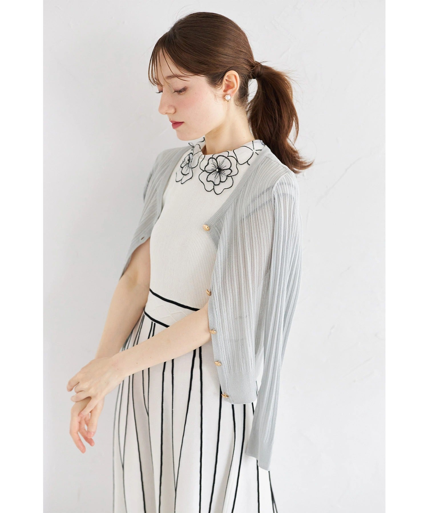 トッコクローゼット tocco closet ラメ透かし編みニットカーディガン グリーン