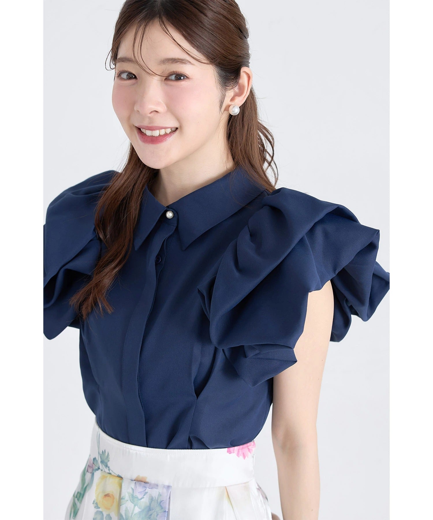トッコクローゼット tocco closet バルーンウエストタックブラウス ネイビー