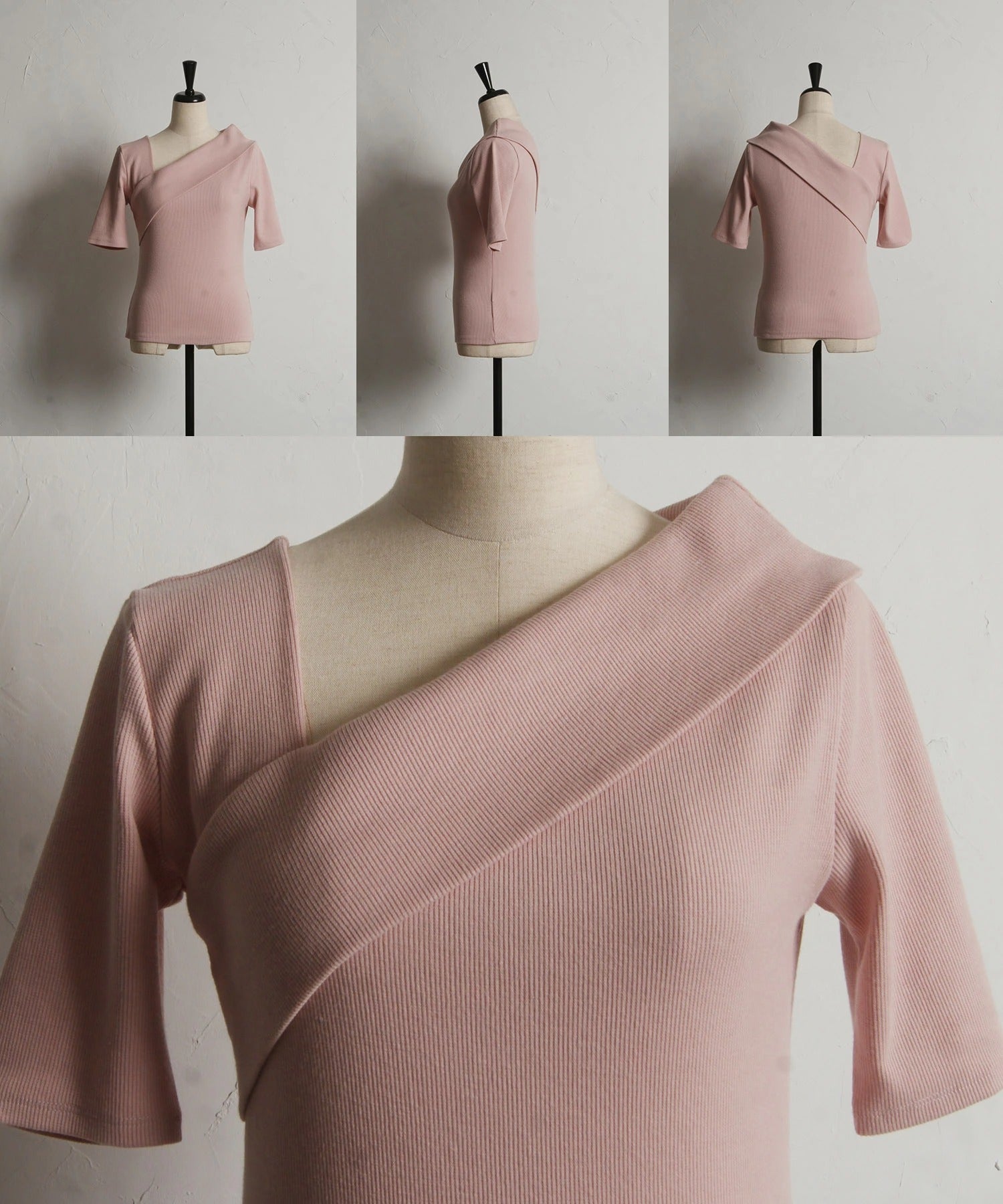 トッコクローゼット tocco closet アシメネックデザインリブカットソープルオーバー ピンク