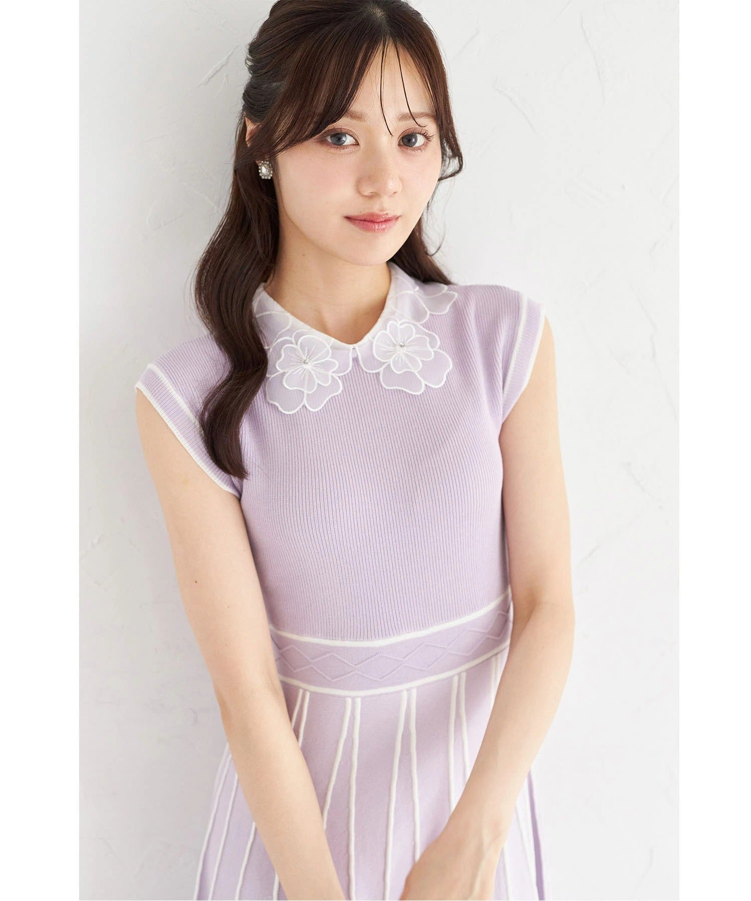 トッコクローゼット tocco closet 2WAYフラワーレース襟付き配色ラインプリーツニットワンピース パープル