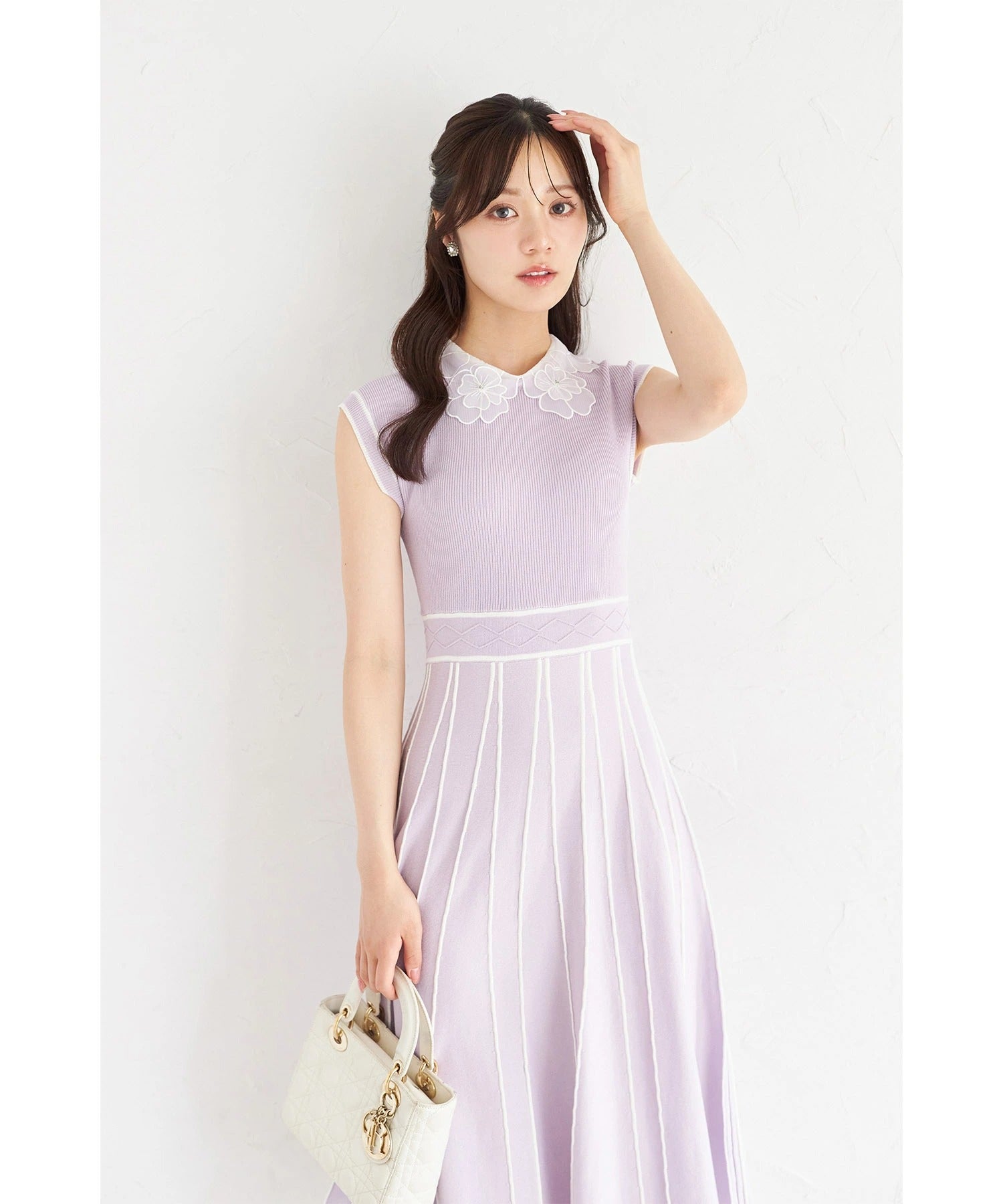 トッコクローゼット tocco closet 2WAYフラワーレース襟付き配色ラインプリーツニットワンピース パープル