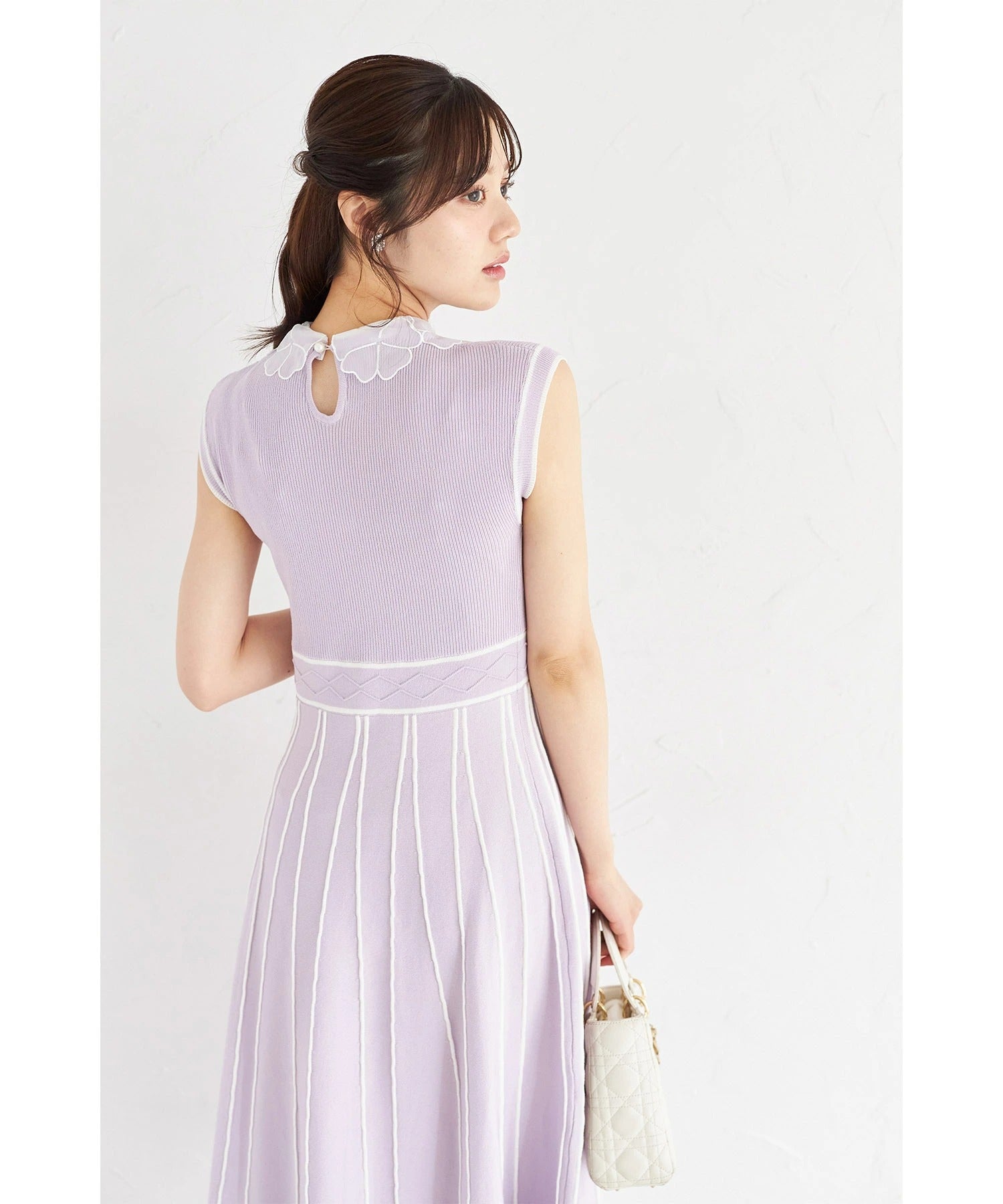 トッコクローゼット tocco closet 2WAYフラワーレース襟付き配色ラインプリーツニットワンピース パープル