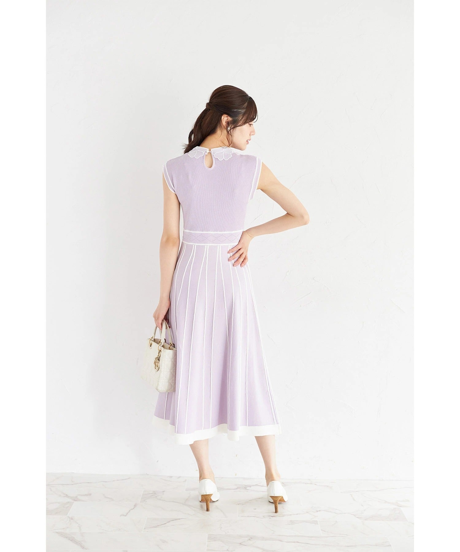 トッコクローゼット tocco closet 2WAYフラワーレース襟付き配色ラインプリーツニットワンピース パープル
