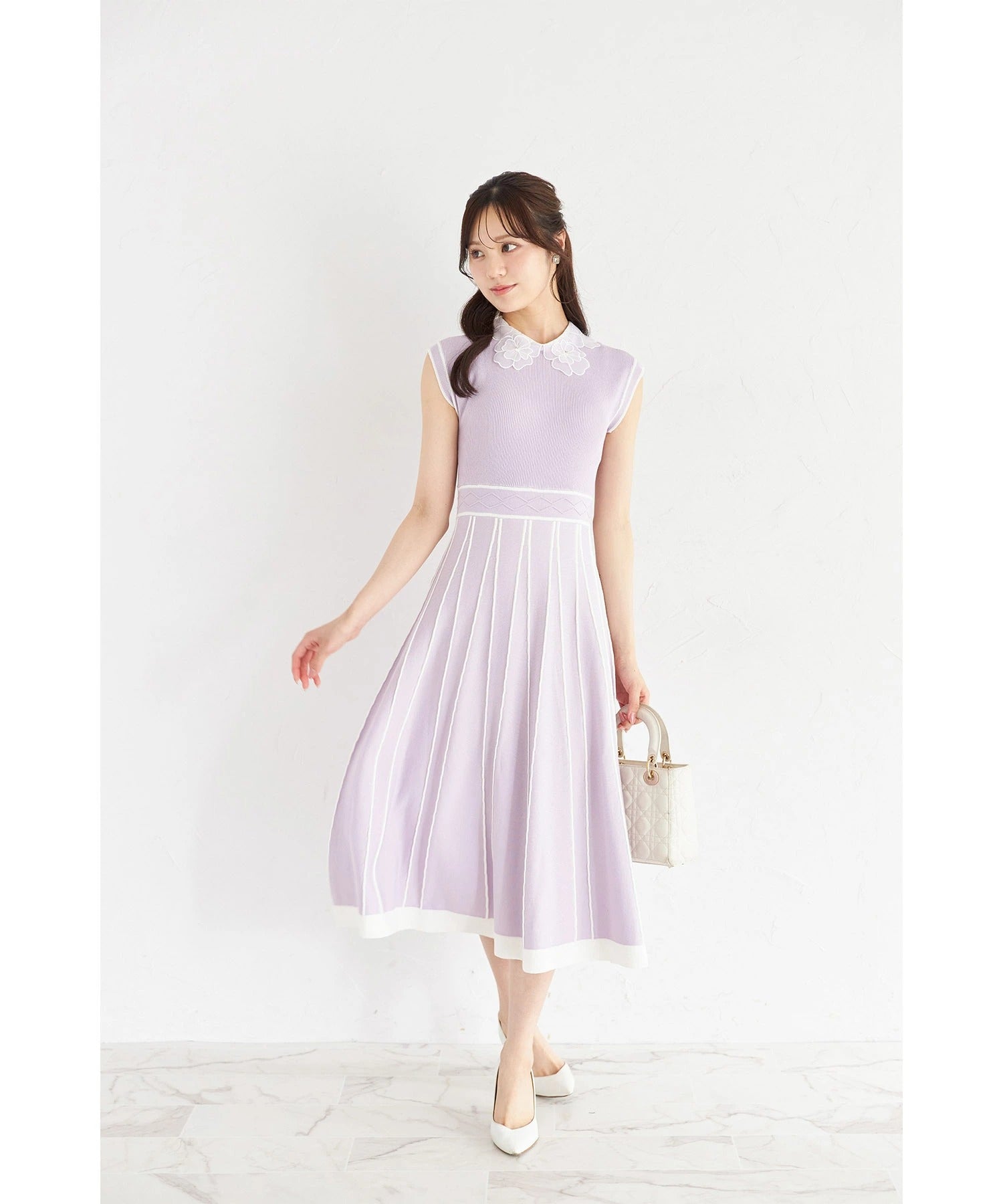 トッコクローゼット tocco closet 2WAYフラワーレース襟付き配色ラインプリーツニットワンピース パープル