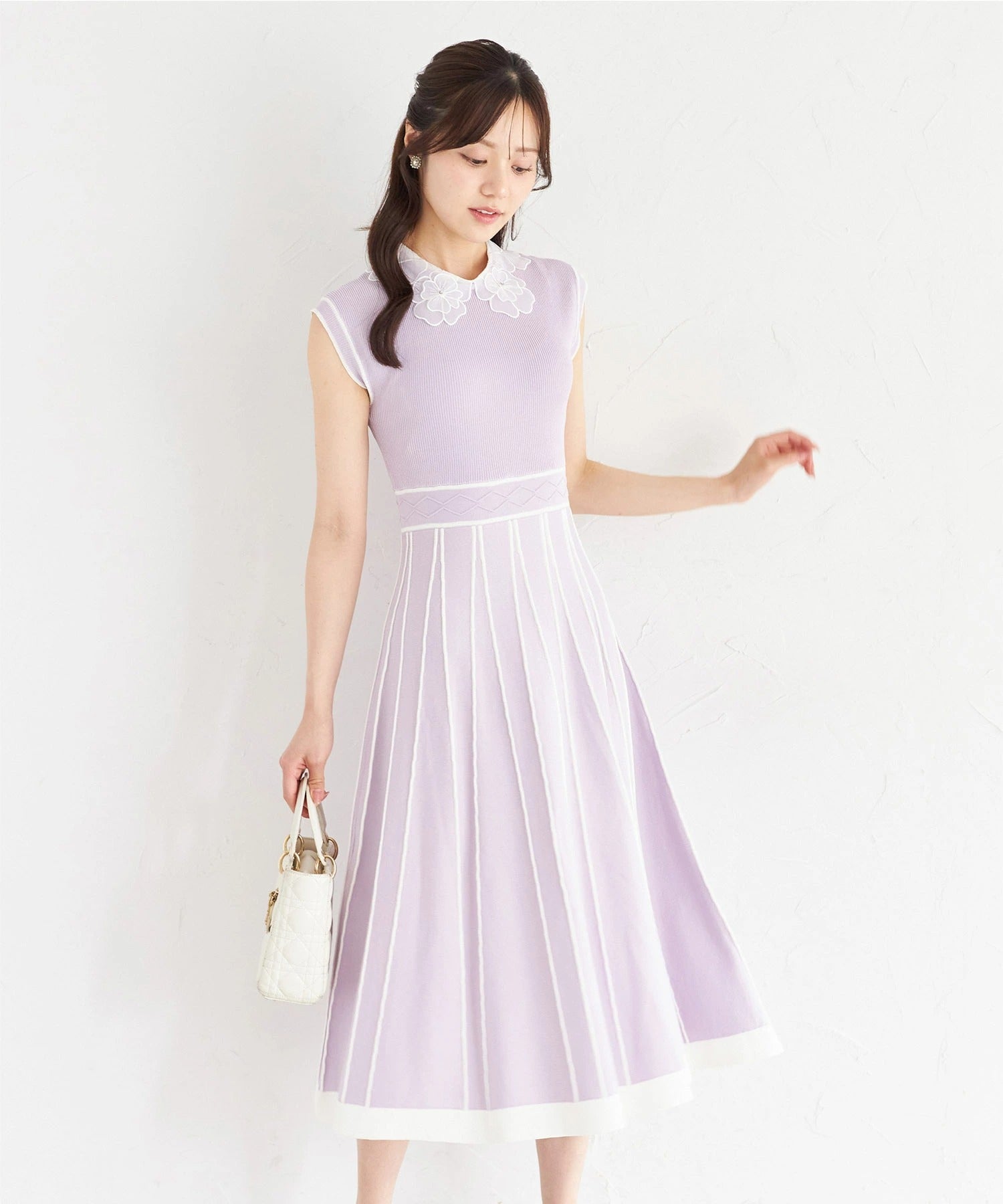 トッコクローゼット tocco closet 2WAYフラワーレース襟付き配色ラインプリーツニットワンピース パープル