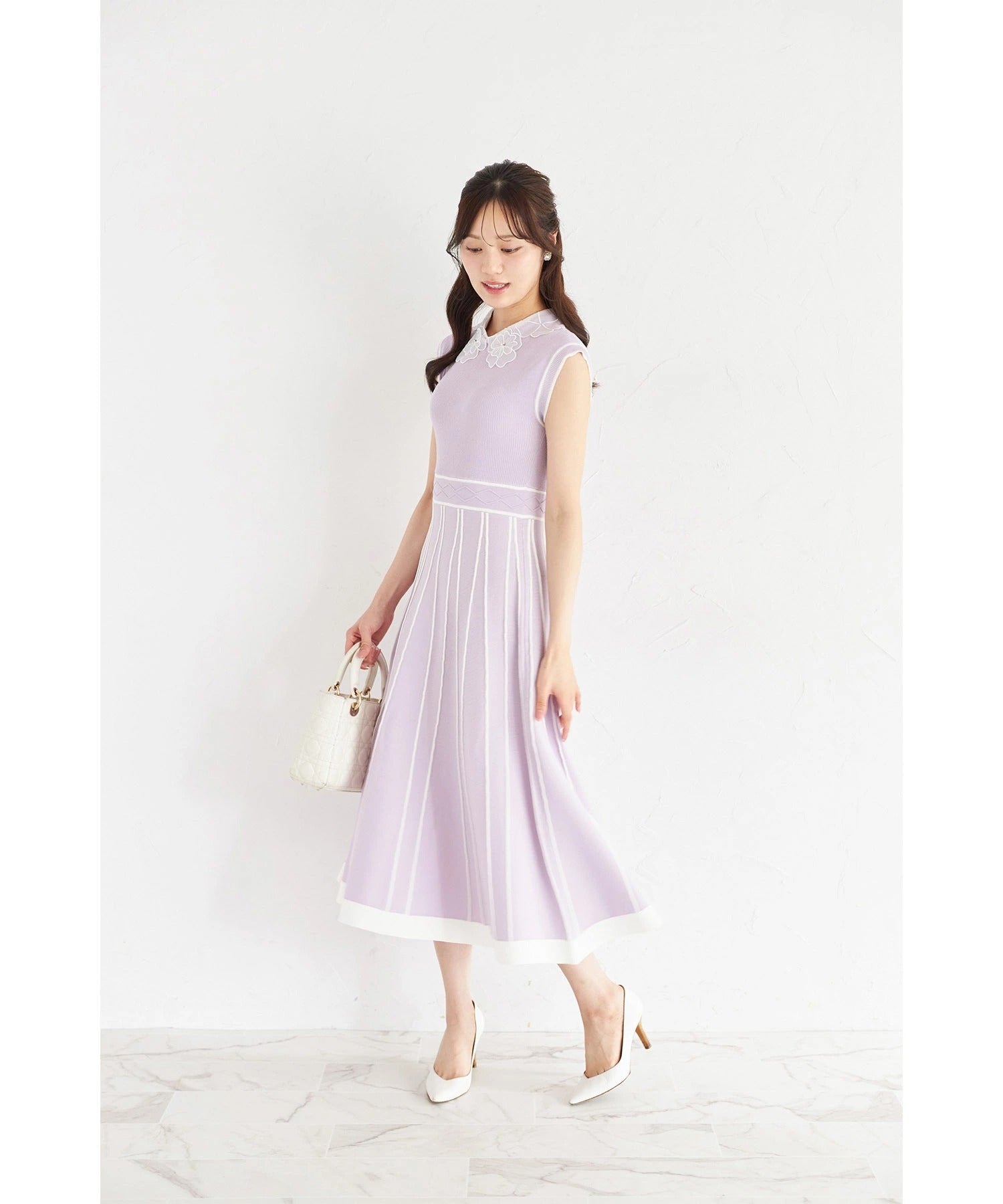 トッコクローゼット tocco closet 2WAYフラワーレース襟付き配色ラインプリーツニットワンピース パープル