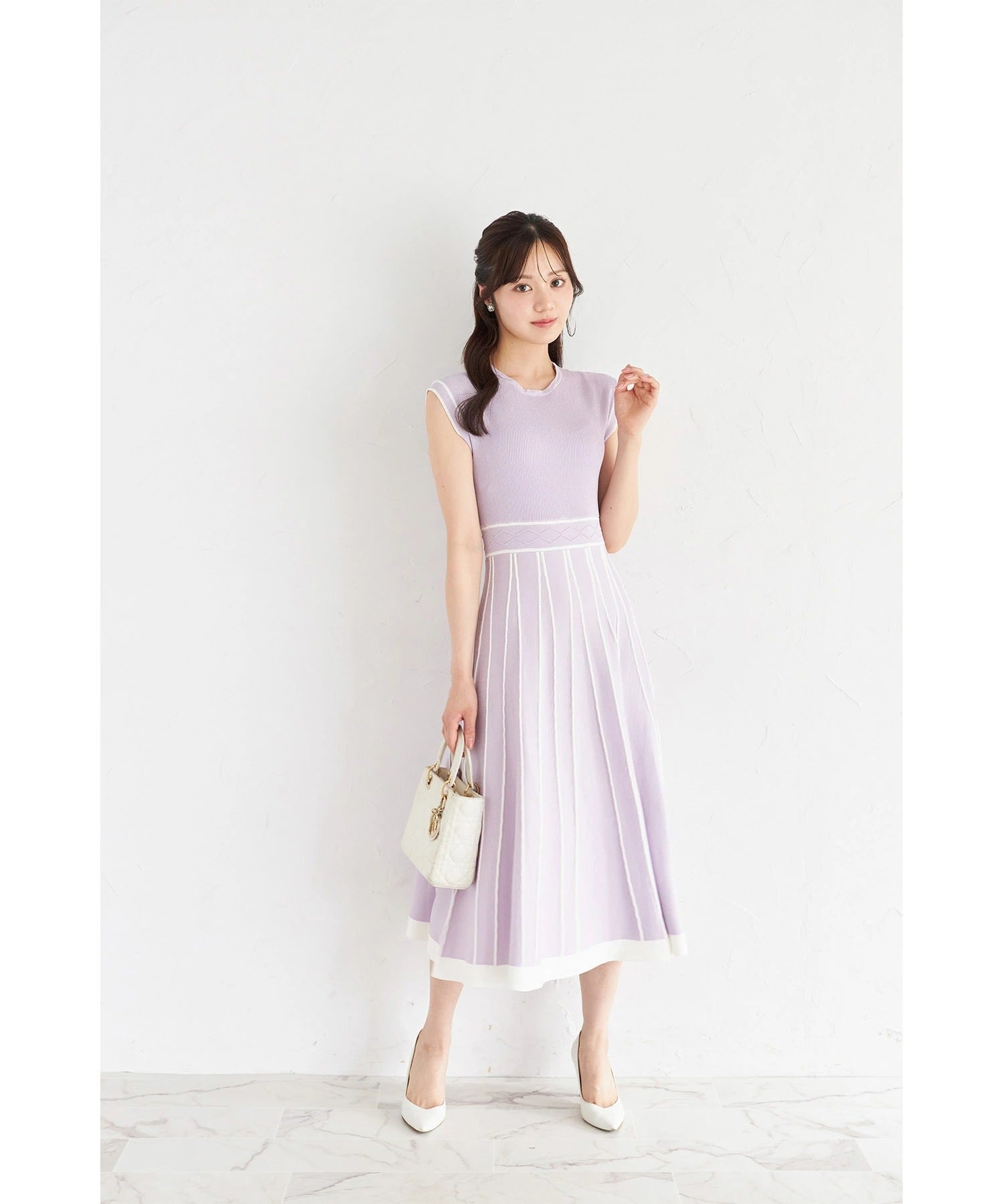 トッコクローゼット tocco closet 2WAYフラワーレース襟付き配色ラインプリーツニットワンピース パープル